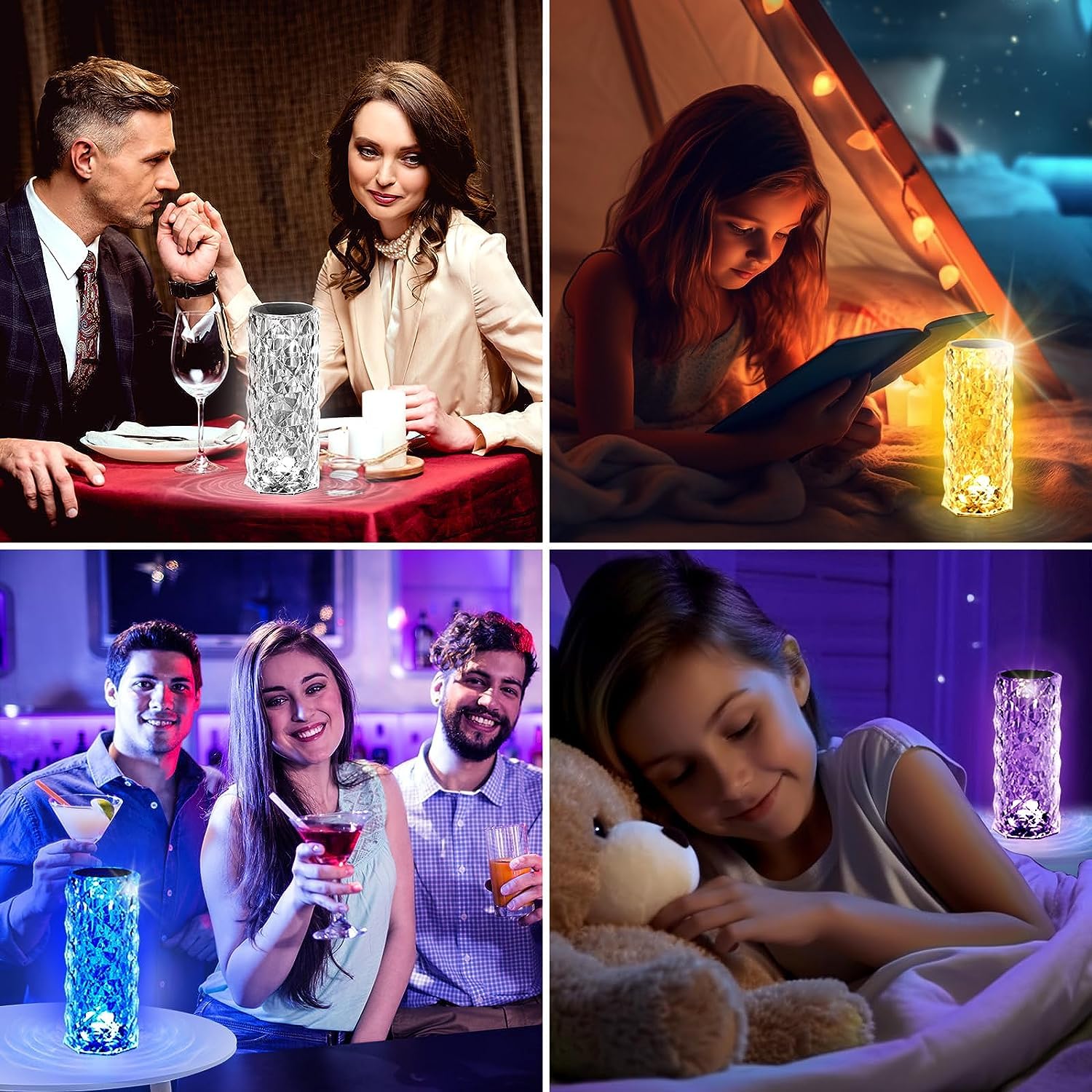 2 Pack Crystal Table Lamp, Remote And Touch Control Rose Wave Lamp, Rgb Color Changing Night Light, Dimmable, Usb Rechargeable D