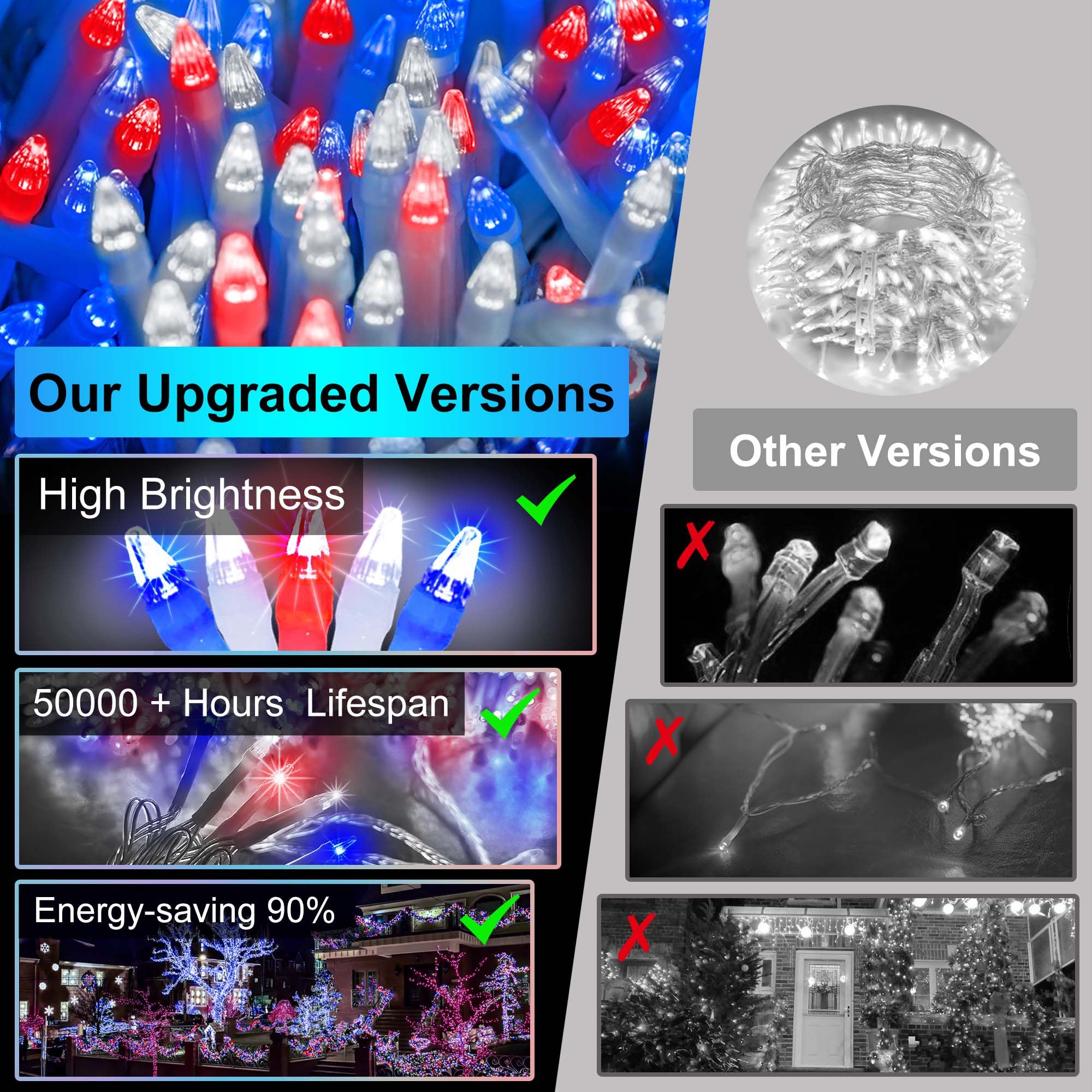 QUHUATU 300LED Christmas Lights, 75ft Red White & Blue String Lights with Timer, 12 Modes for Indoor Outdoor Decor, Model WX-300L