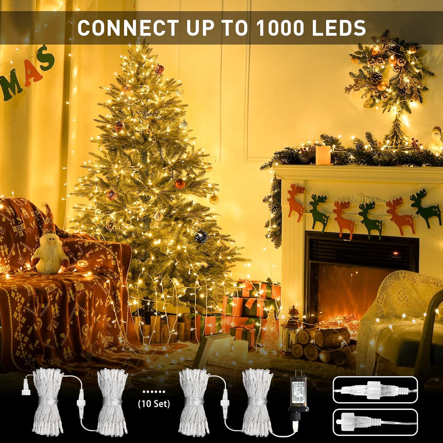 JMEXSUSS 250 LED Christmas String Lights, Warm White, 91.5ft, Indoor/Outdoor, Waterproof, 8 Modes, Plug-in Fairy Lights