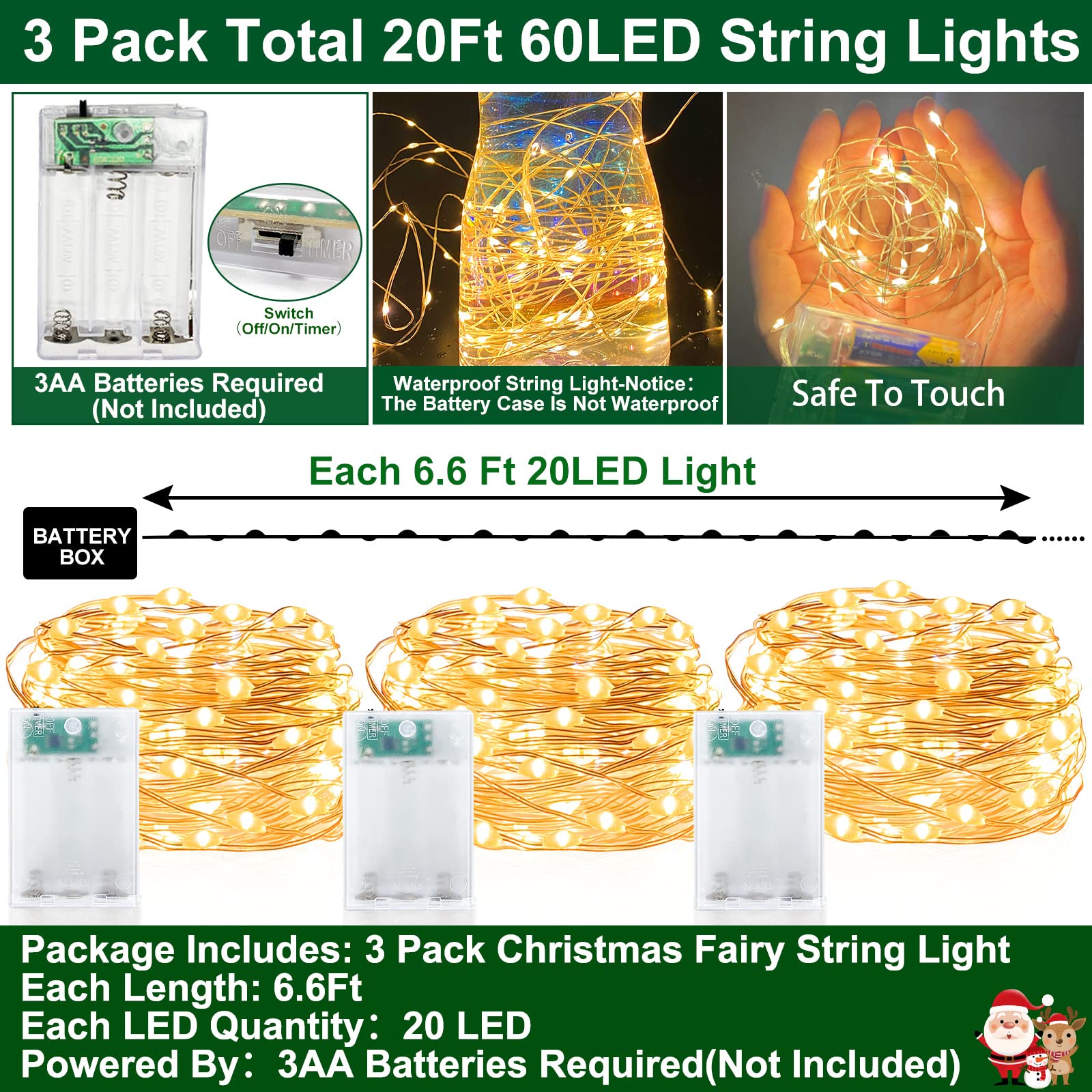 Turnmeon [ Timer ] 3 Set Fairy Lights, Total 60 Led, Warm White Battery Powered Copper Wire Fairy Lights, Decoration Outside Yard Party Home Bedroom Wedding Indoor Outdoor, 6.5 Ft 20 Led Each