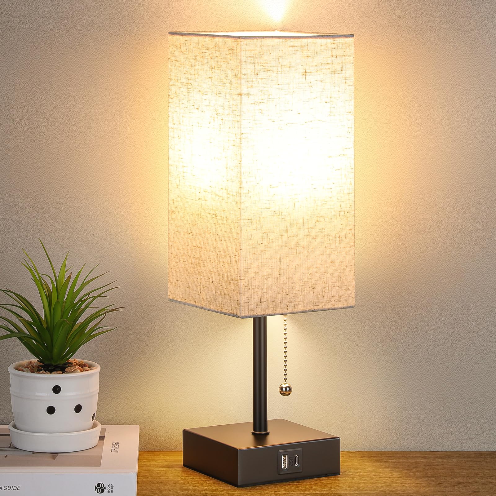 GGOYING Bedside Table Lamp, Pull Chain Bedroom Lamp with USB C+A Charging Ports, 2700K LED Bulb, Linen Lampshade, Nightstand Lam