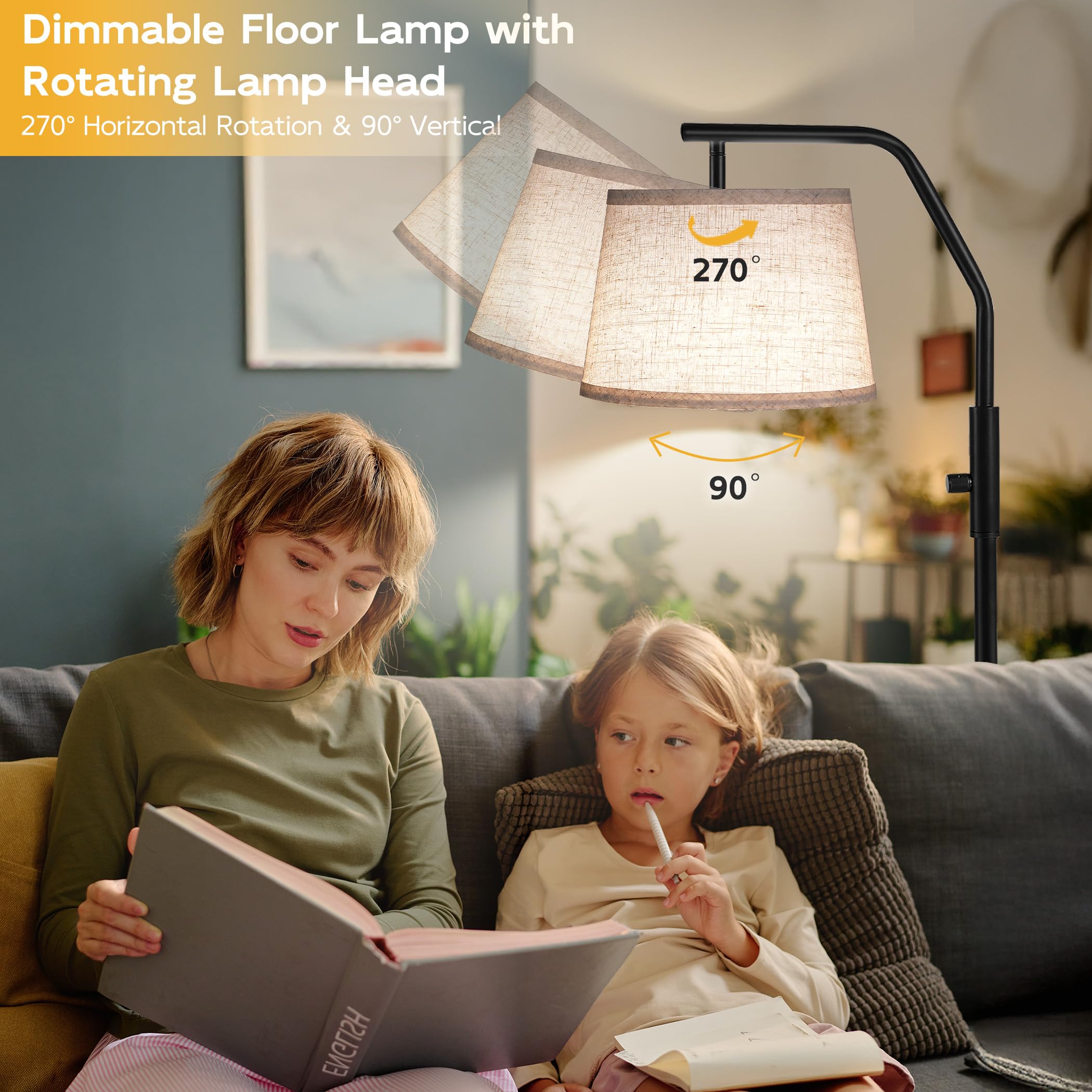 Sunmory Floor Lamps For Living Room, 9W Bulb Included, Tall Lamp For Bedroom With Adjustable Head, Modern Standing Lamp, 0-100%