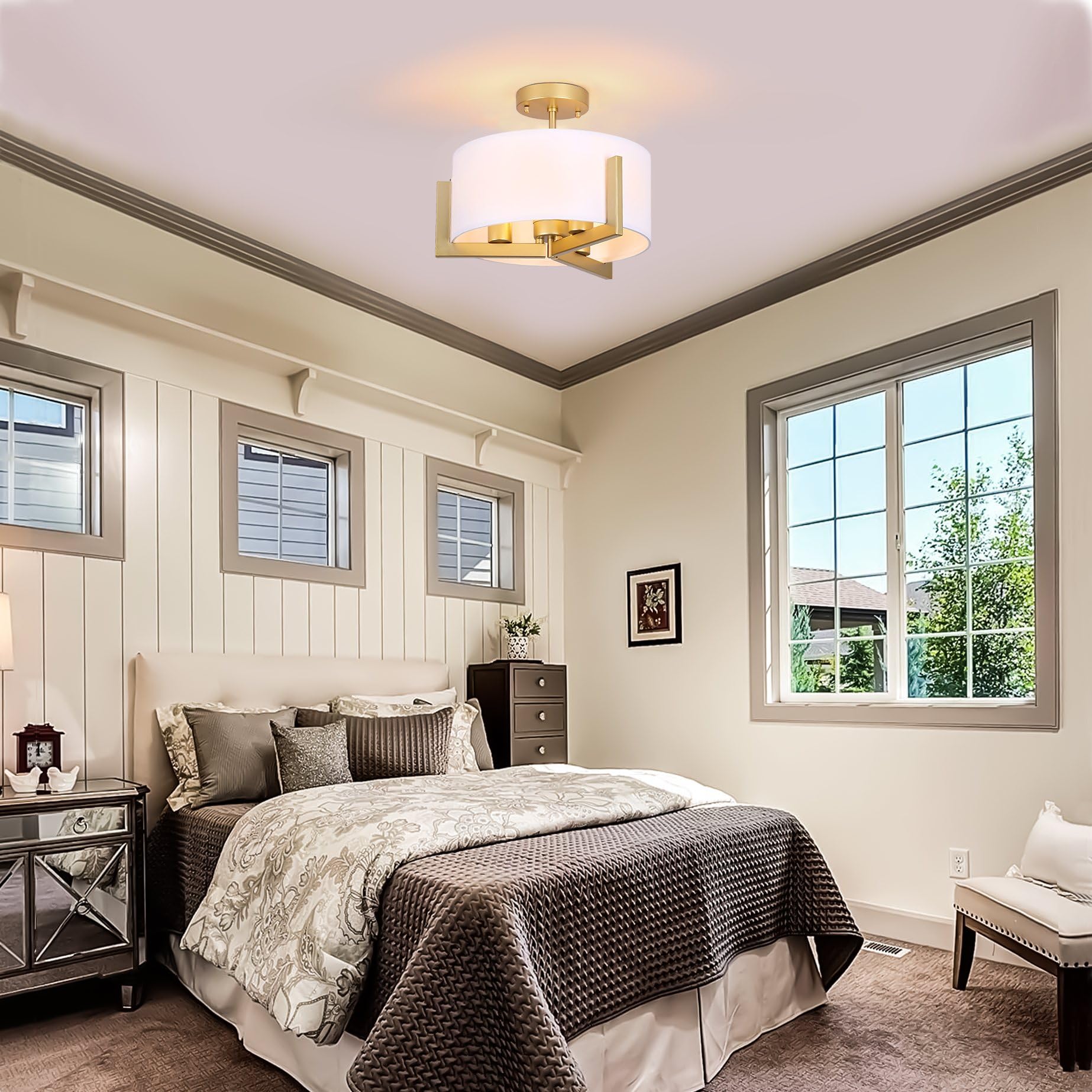 Mecuss Semi Flush Mount Ceiling Light 14 Inch, 3 Light Gold Industrial Light Fixtures Ceiling Mount With White Drum Fabric Shade
