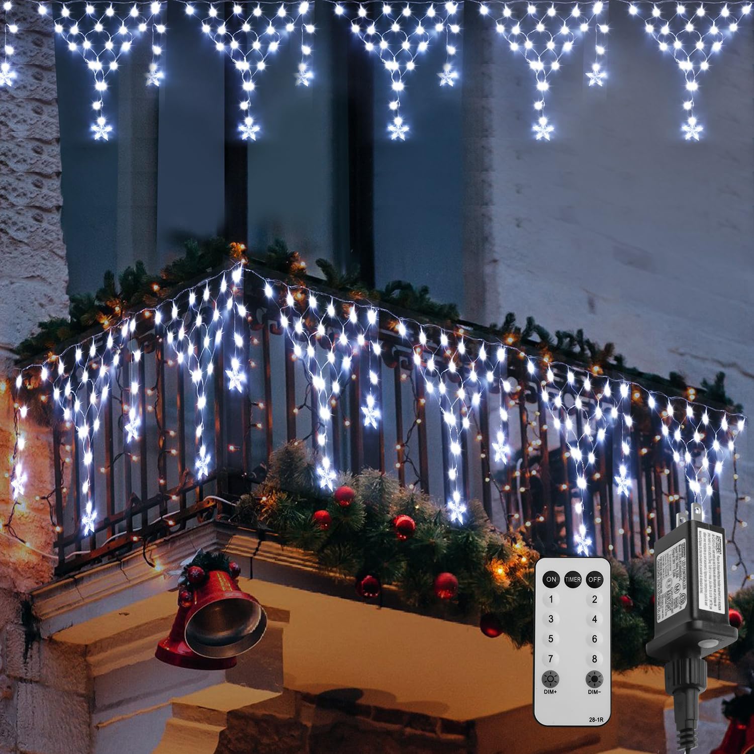 Funiao Christmas Lights Outdoor, 218 Leds Icicle Lights, 13.8Ft, Remote Controlled, White, Model Yls1000Wd01, 8 Modes For Eaves, Garden