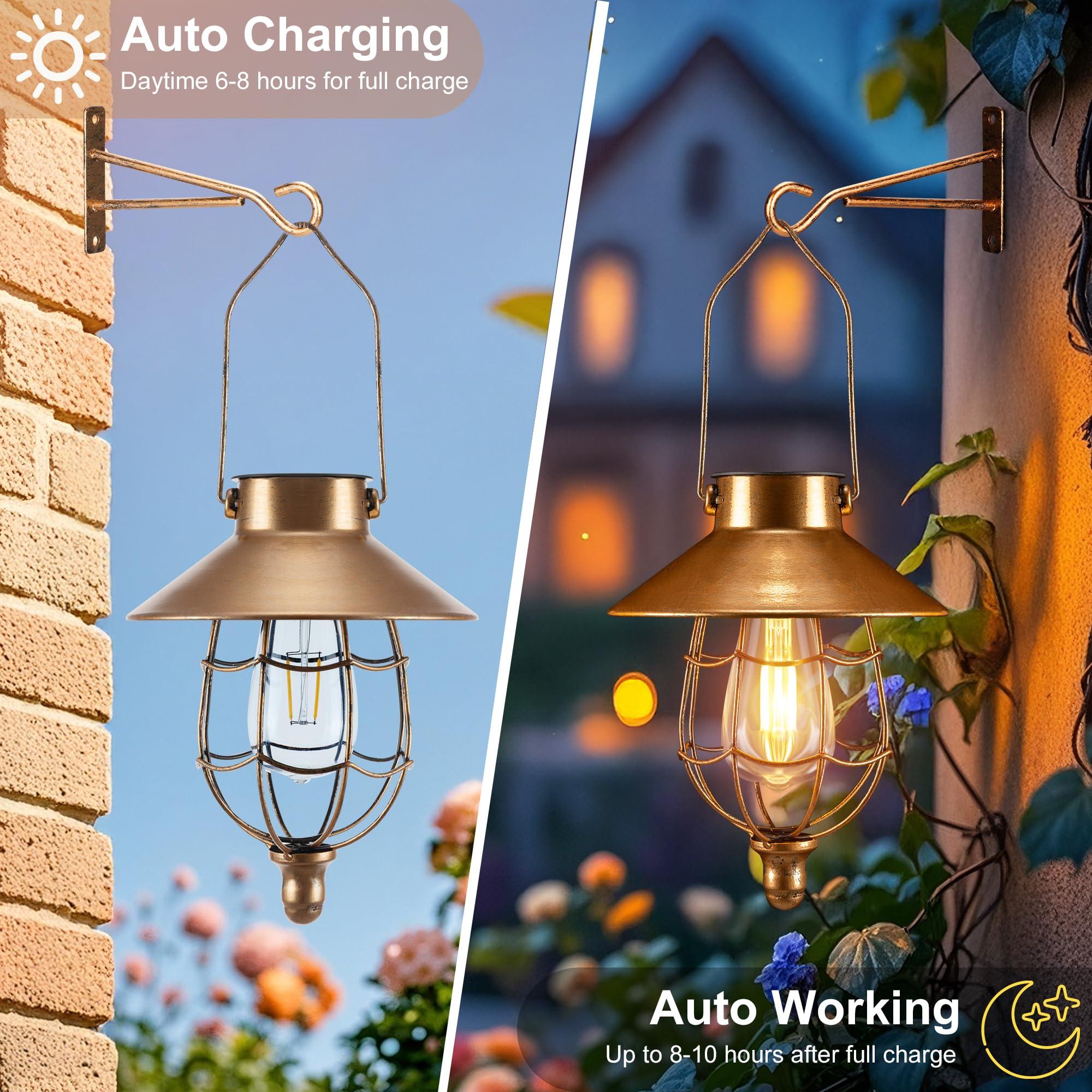 pearlstar Solar Lanterns Outdoor Hanging Copper Metal Vintage Waterproof Edison Bulb Design 2 Pack for Garden Patio Yard Tree