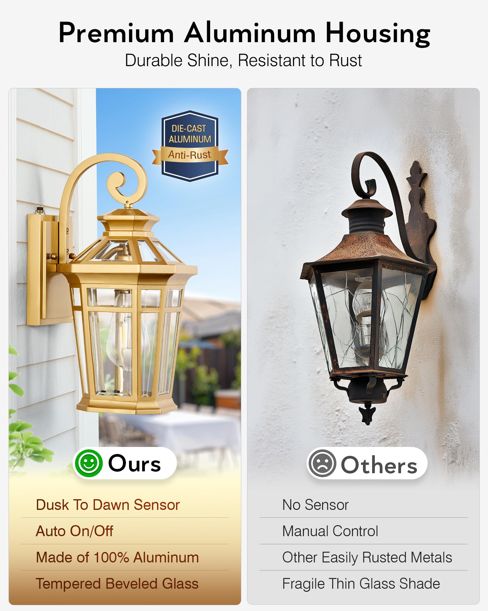 OPAXIS Gold Outdoor Porch Lights, Waterproof Wall Lanterns, Dusk to Dawn, Model P8105, Standard 1-Pack