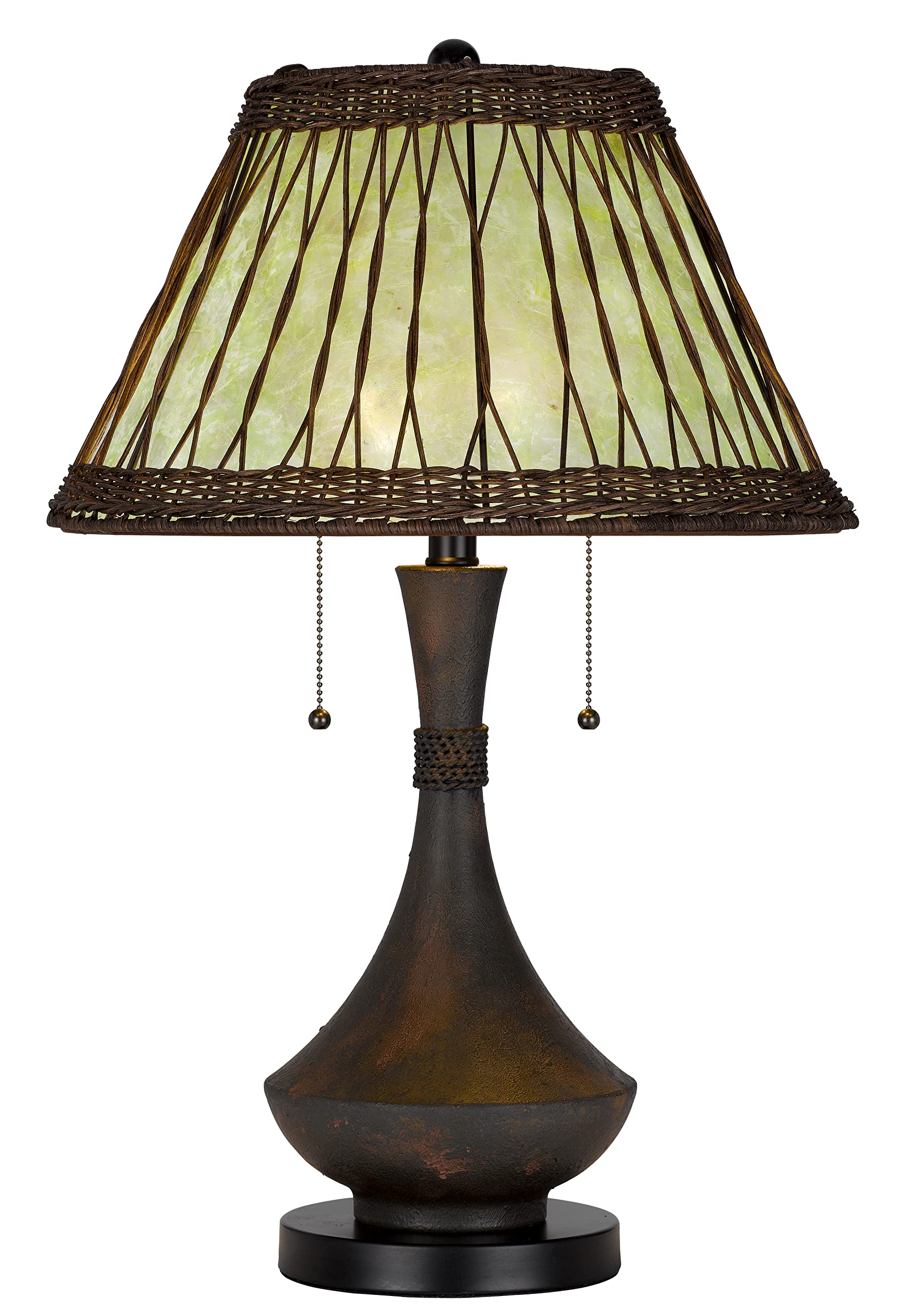 Cal Lighting BO-3103TB Mateo Collection Two 60W Watt Metal and Resin Table Lamp with Green Stained Rattan Shade, Traditional Vintage Bedside Living Room Lamp with Double Pull Chain and Bamboo Border