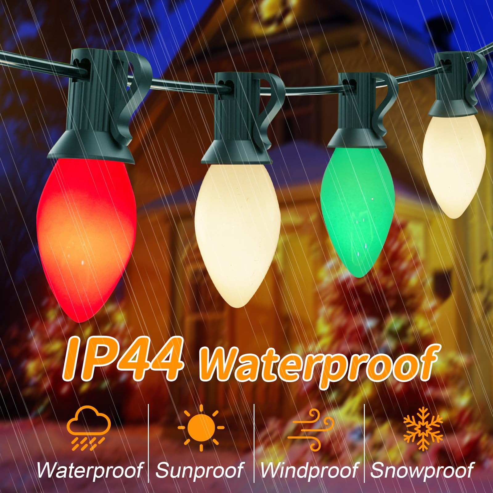 25Ft C7 Led Christmas Multicolor String Lights With 27 Red Green White Led Bulbs, Outdoor Hanging Vintage Christmas Lights Water