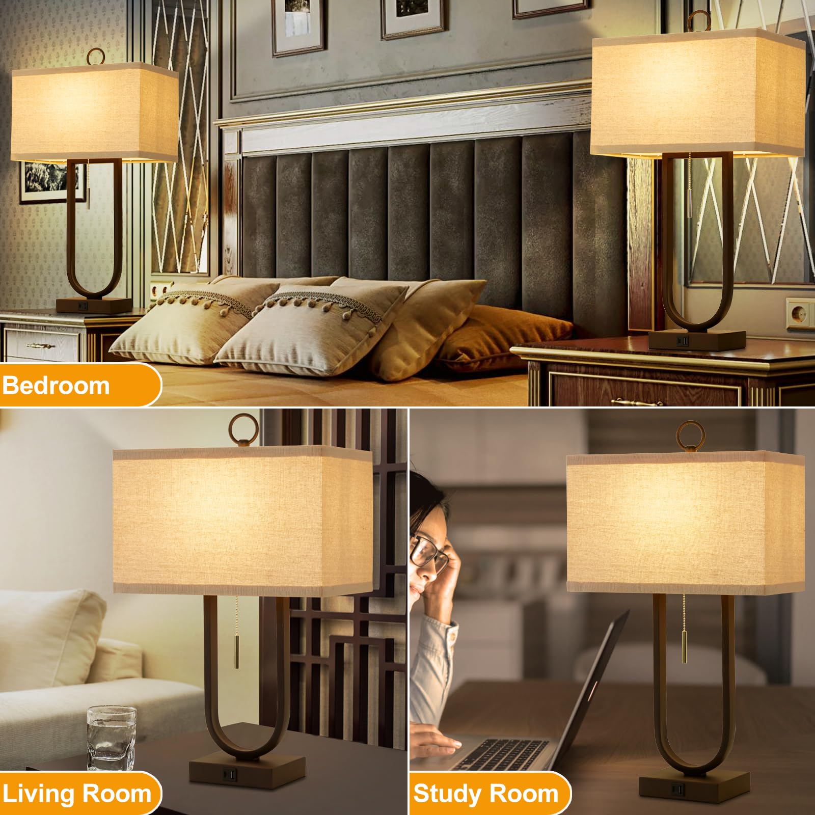 Luvkczc Nightstand Lamps Set Of 2 With Usb C+A Ports, 24'' Tall Table Lamp With Two 3000K Led Bulbs, Beige Lampshade, Modern Bedside Lamp For Living Room, Bedroom, Office