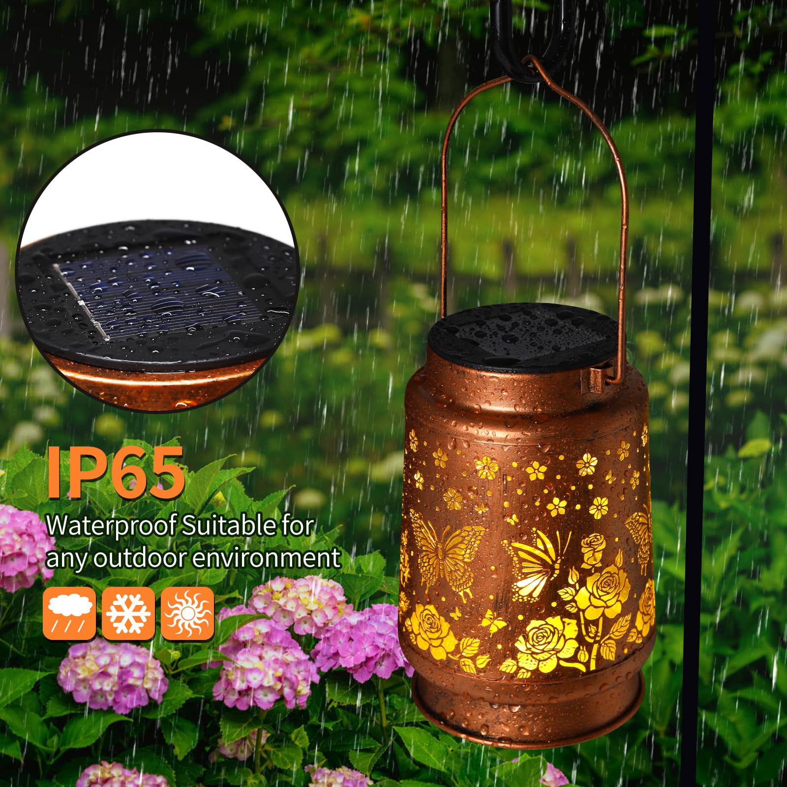 2 Pack Butterfly Solar Lanterns Outdoor Waterproof Rose Garden Decor Gifts For Women Mom Grandma Hanging Solar Lights Metal Lantern Decoration Outside For Yard Patio Backyard Porch