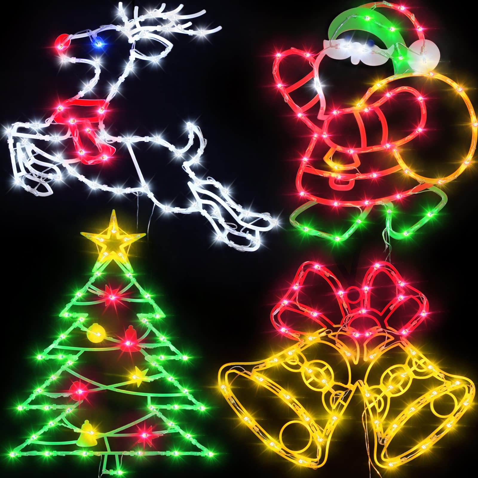 Pytopkto Christmas Decorations - 16" Christmas Window Silhouette Lights - 4 Pack Colour Lighted Santa & Reindeer & Christmas Tree & Bell for Holiday Indoor and Outdoor Wall Door Window Decorate