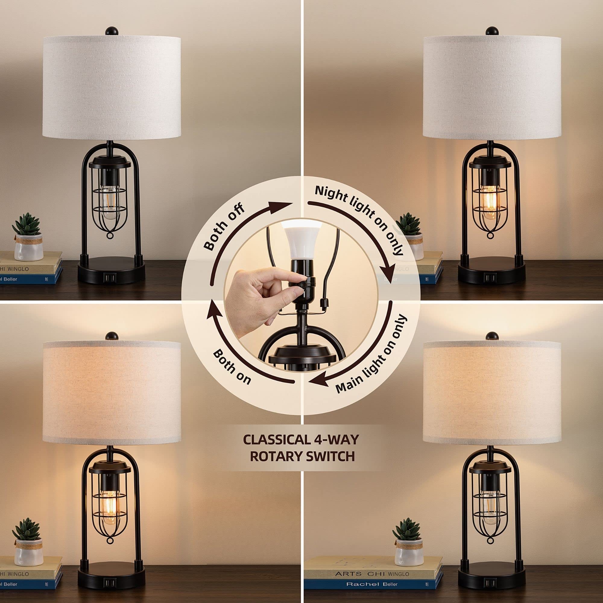 Kawoti Set Of 2 Farmhouse Table Lamps With Usb Ports And Night Light Modern Nightstand Lamp For Living Room Bedroom(Bulbs Included)