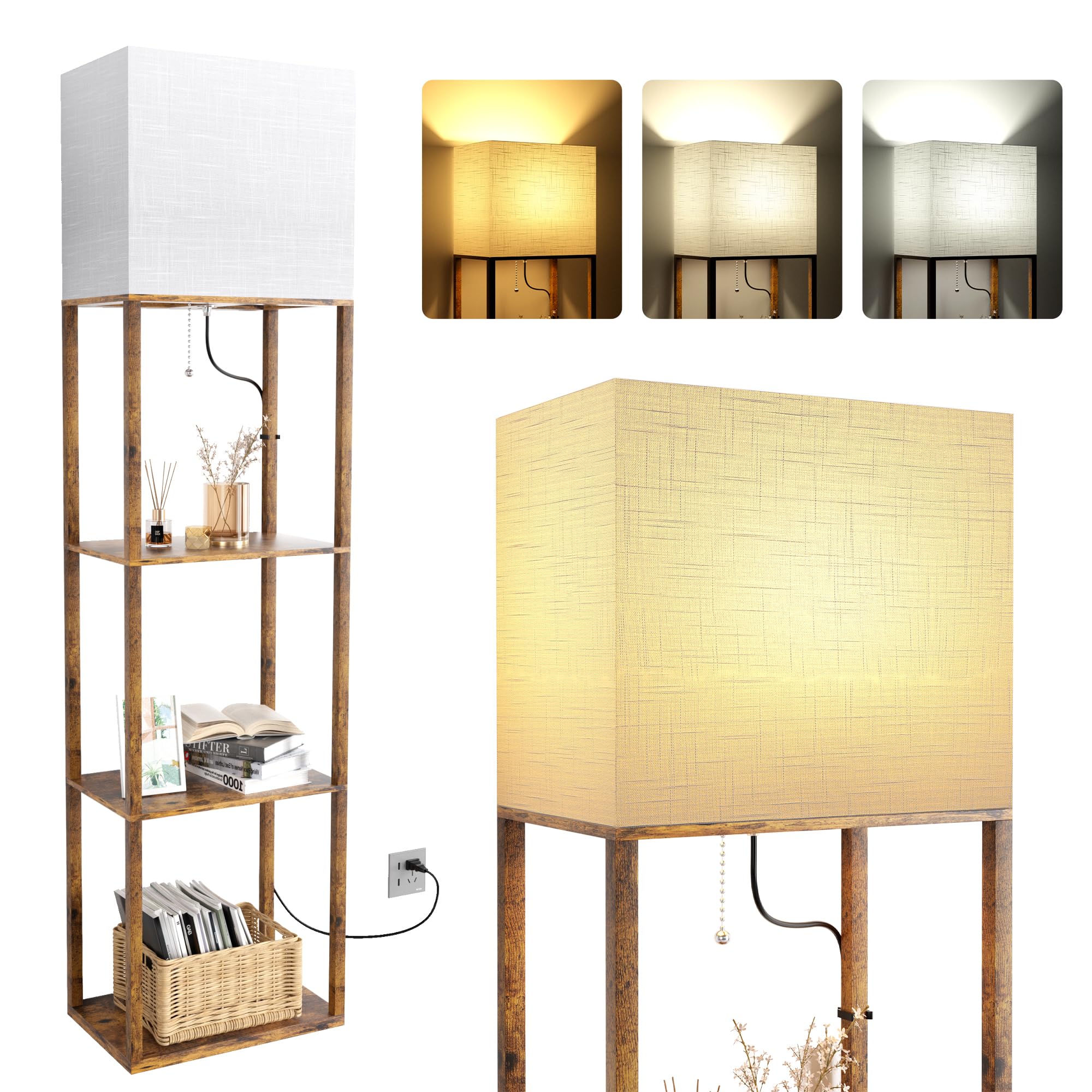 Dott Arts Floor Lamp with Shelves, Wide Floor Lamps for Living Room Display Shelf Lamps with 3 Color LED Bulb,Storage Wood Moder