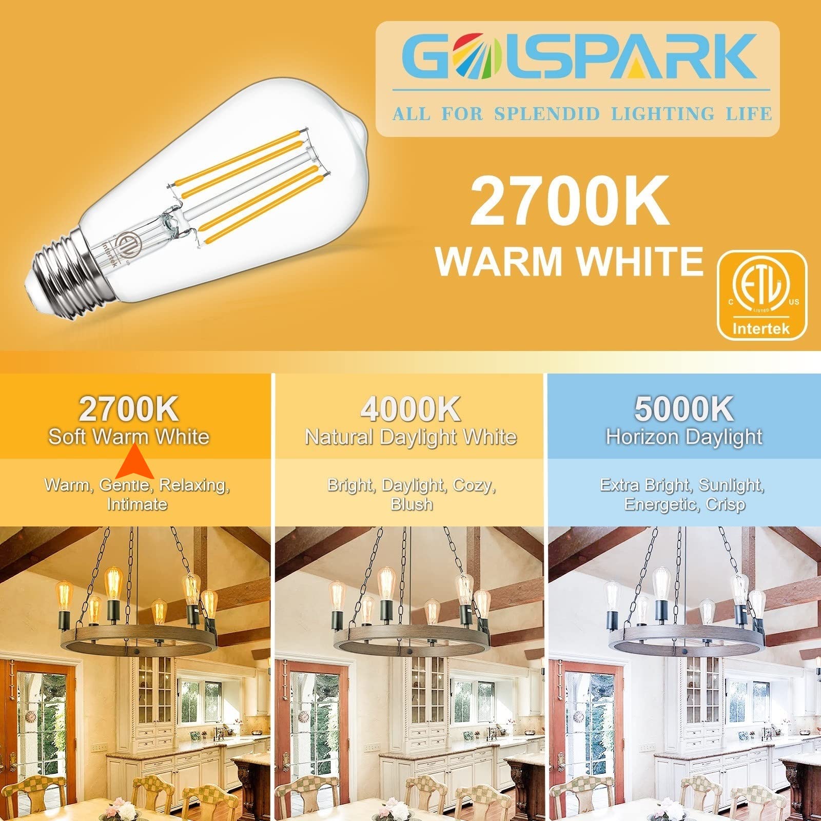 Vintage LED Edison Bulbs 4000K Natural Daylight, 6W E26 bulb 60 watt Equivalent, Golspark E26 Standard Base Clear Light Bulbs, S