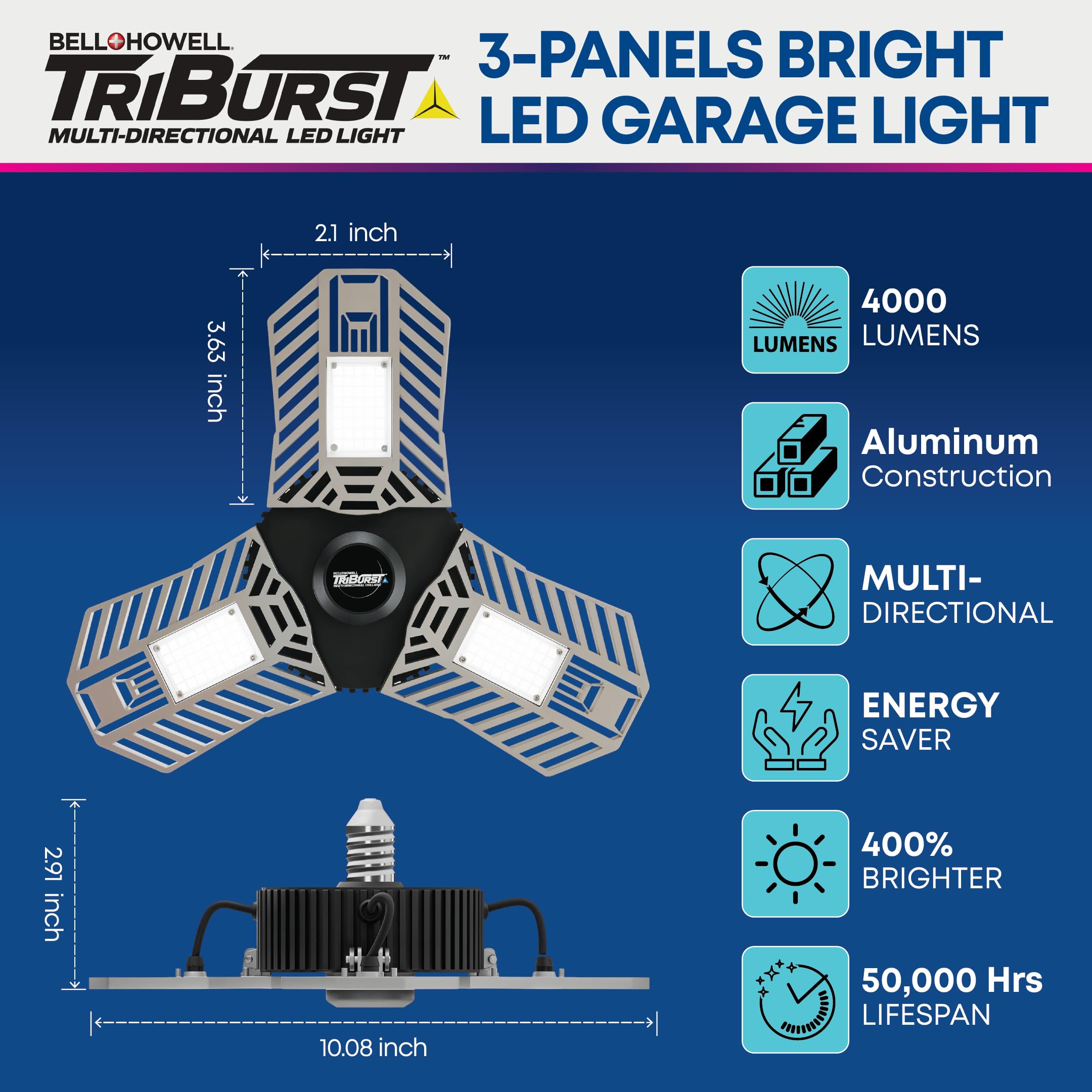 Bell+Howell Triburst 60W Led Ceiling Light, 4000 Lm, 3 Deformable Panels, White