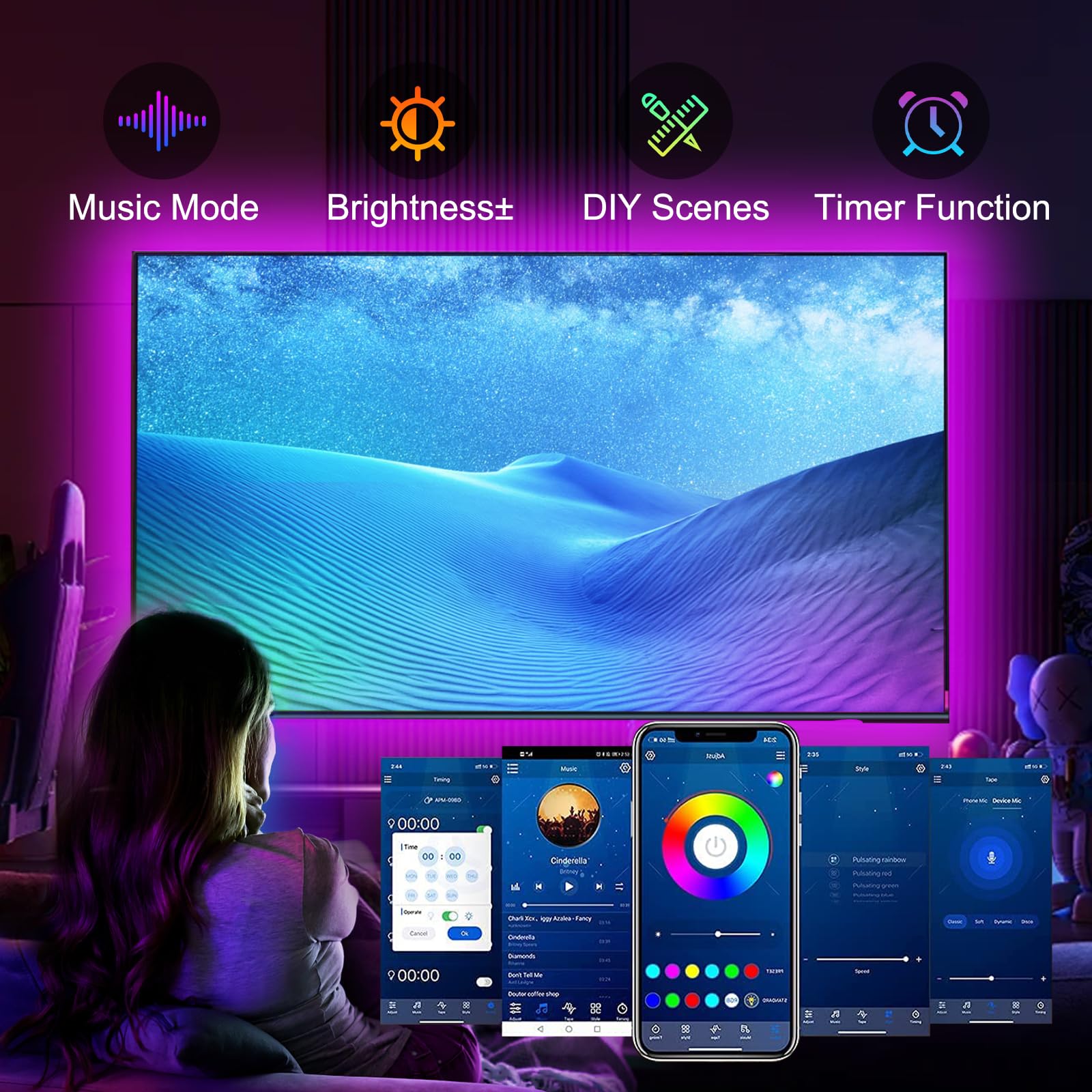 Volivo Led Lights For Tv Led Backlight 15Ft, Bluetooth Led Strip Lights For 65-75 Inch Tv Behind With Remote Control, Usb Rgb Color Changing Music Sync Tv Led Light Diy Home Decor