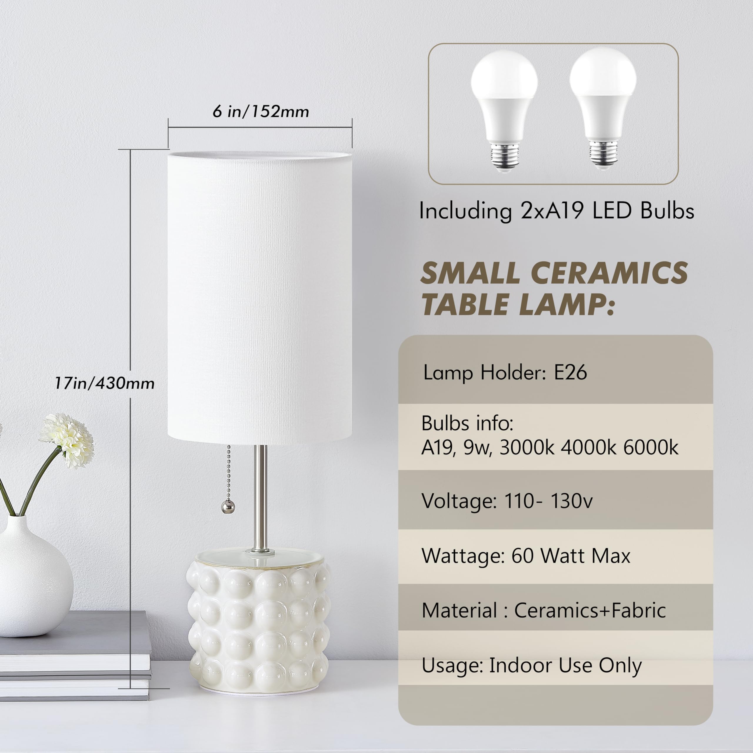 GyroVu Ceramic Table Lamp Set of 2, Modern White Nightstand Lamps with Fabric Shade, Ideal for Bedroom, Living Room, Office, 2 Bulbs Included