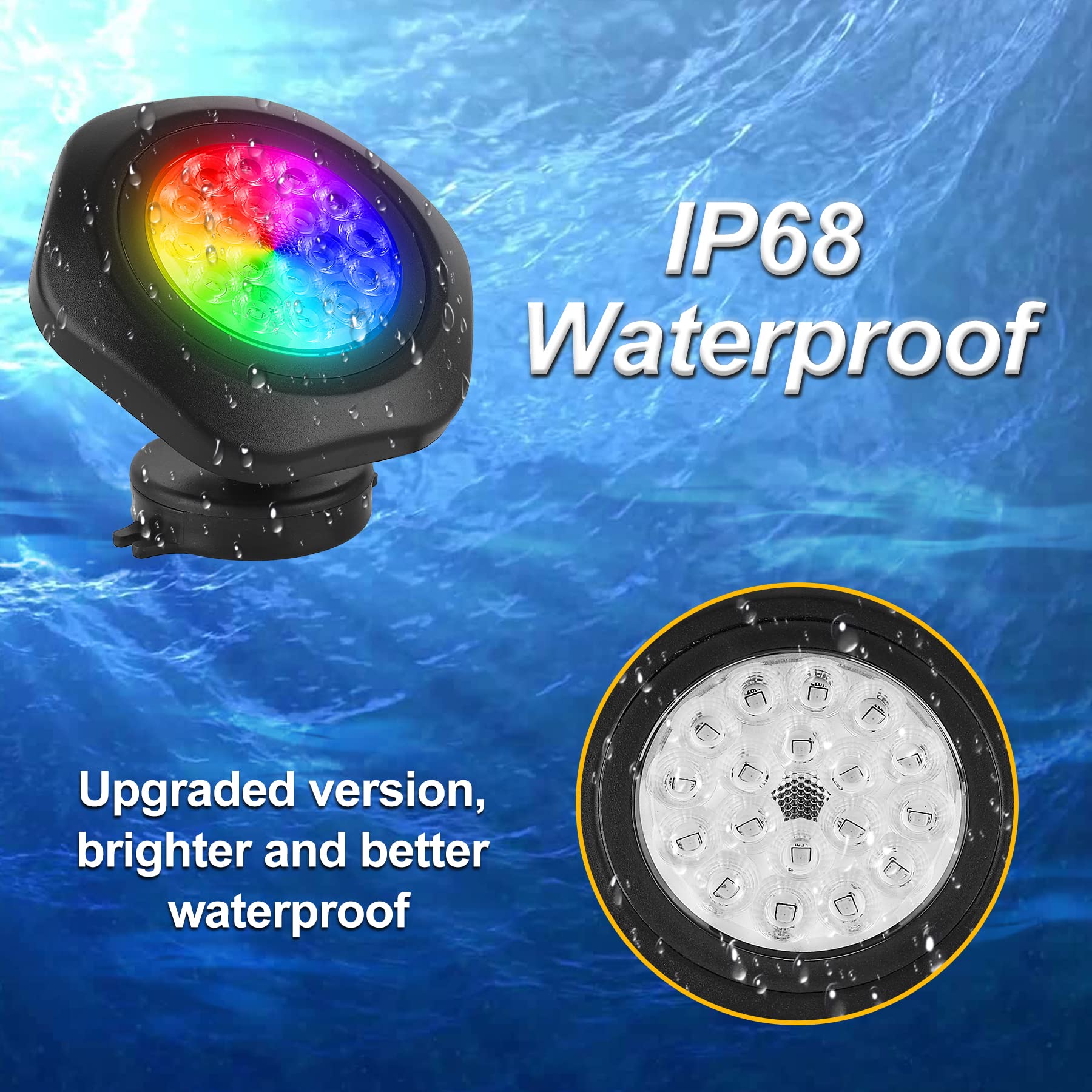 CREPOW RGBW Pond Lights, 18 LED Submersible Spotlights, Remote Control, IP68 Waterproof, Multicolor, Model TS-F2230, Set of 4