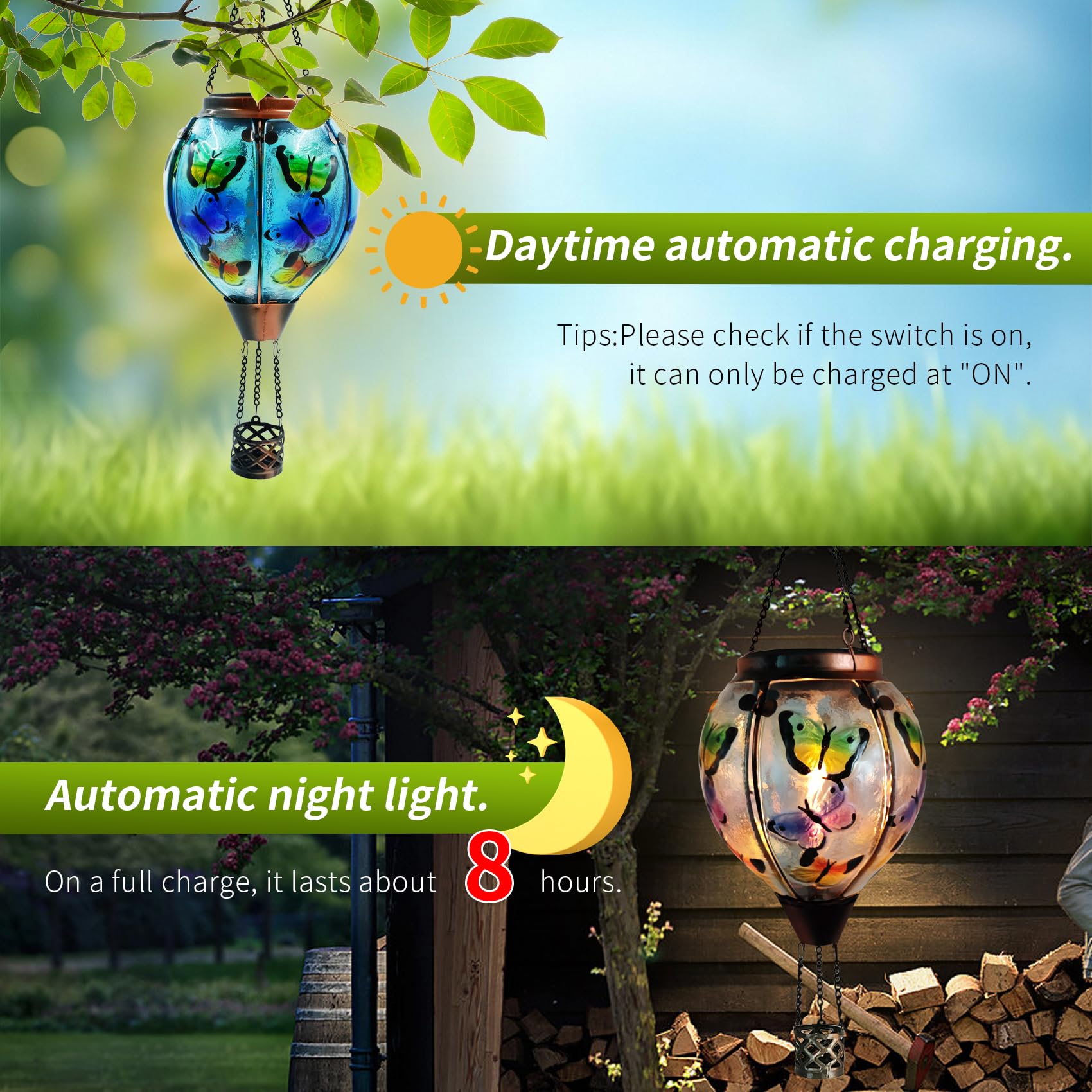 teyigarden Solar Lantern Glass Hot Air Balloon Waterproof Outdoor Garden Light Butterfly