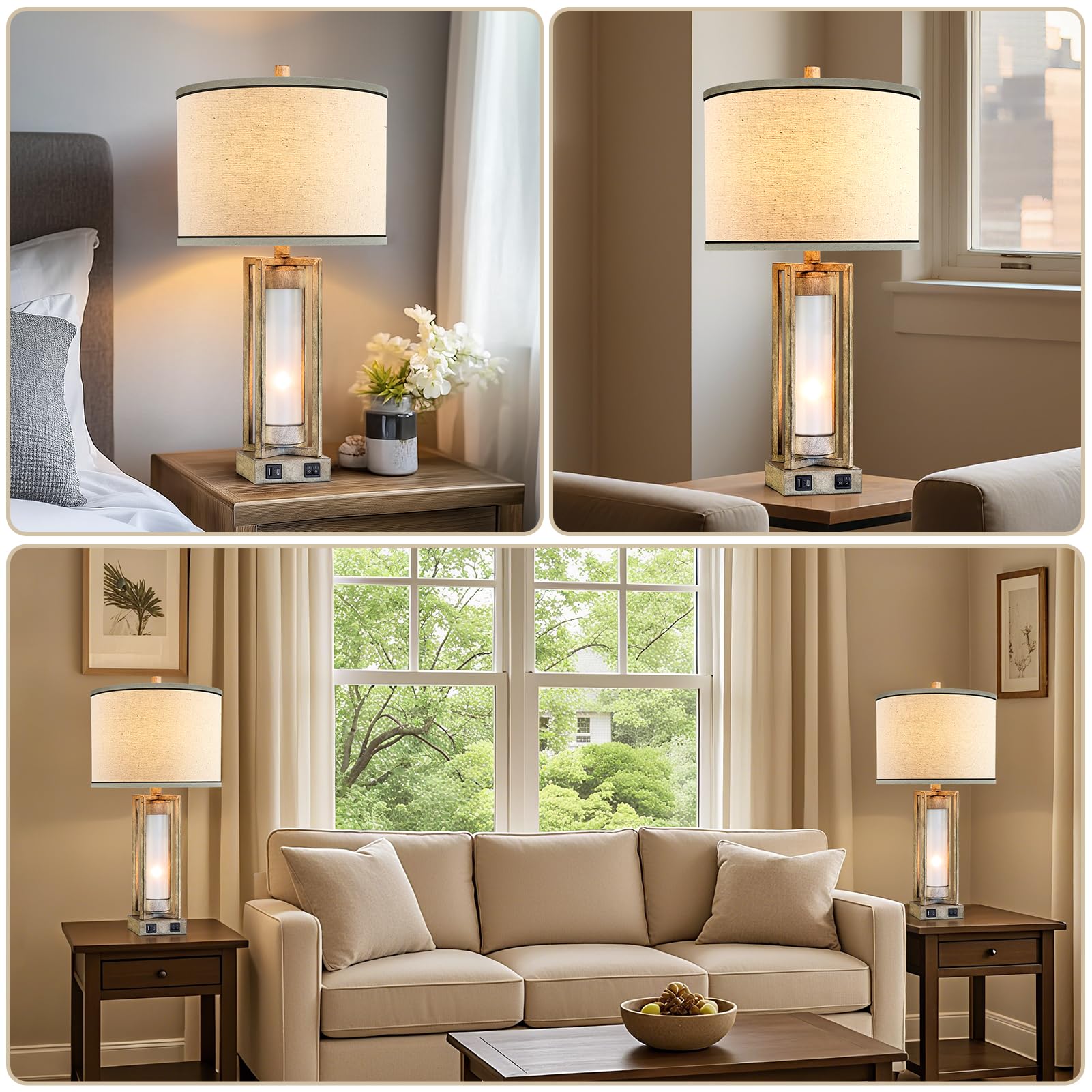 Roriano 25'' Set Of 2 Farmhouse Table Lamps For Living Room With Usb A+C Ports, Rustic Nightstand Lamp With White Night Light, V