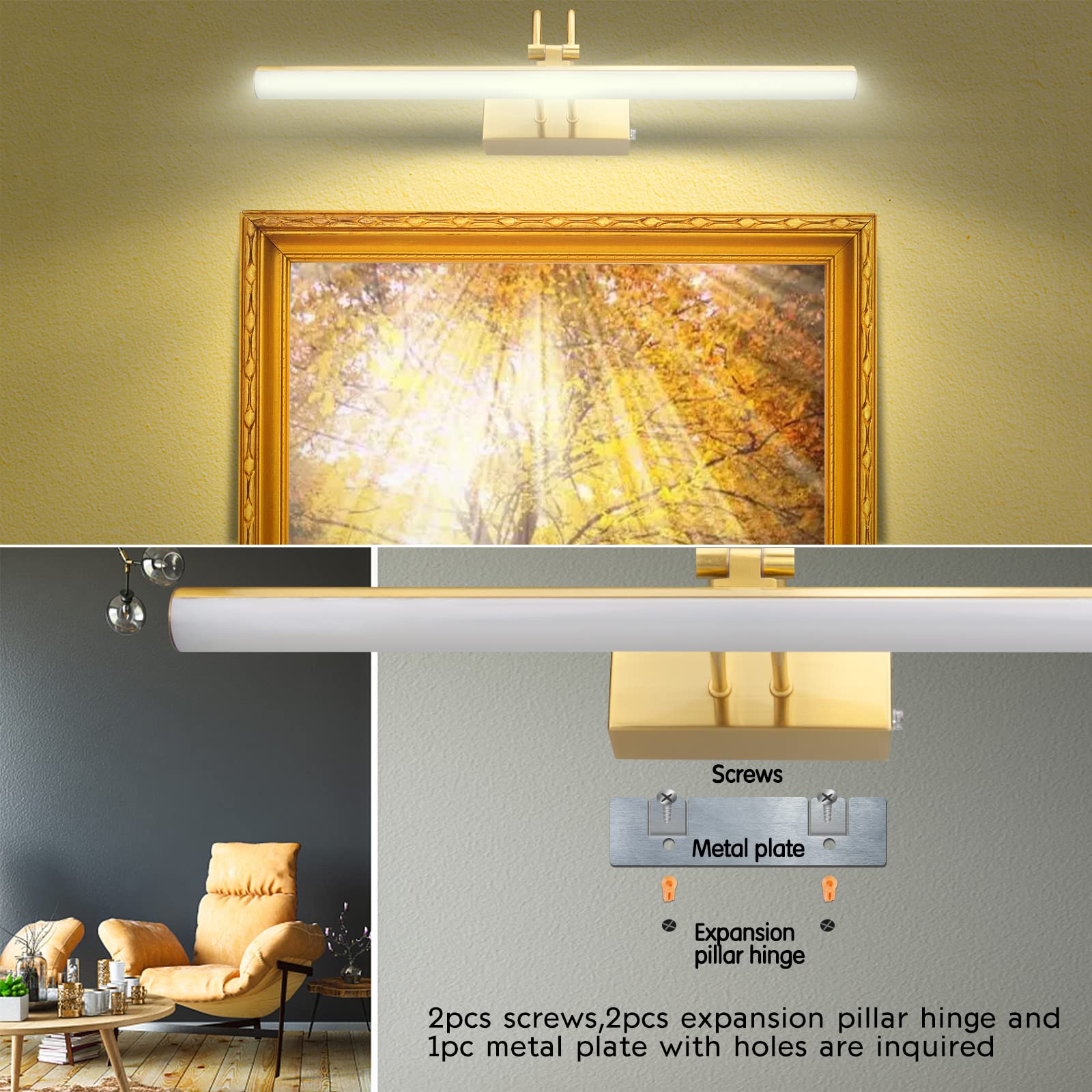 Raifoolly Picture Light,2 Colors Art Lights For Paintings,16&quot; Battery Operated Wall Light,Remote Control Accent Light With Timer And Dimmable For Frame,Portrait,Dartboard-Brass