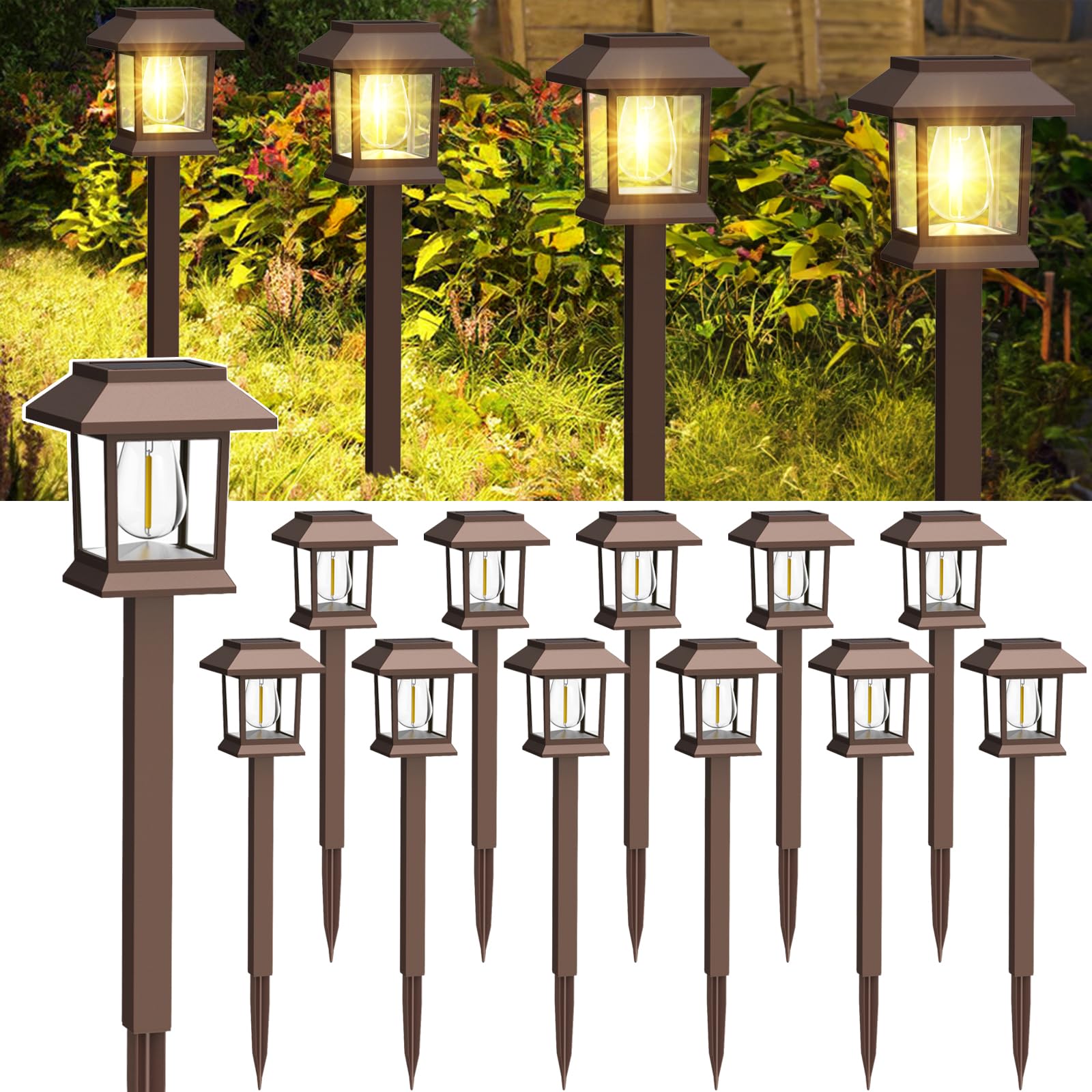 Benany Solar Pathway Lights, 12 Pack Led Waterproof Outdoor Garden Landscape Lighting, Brown