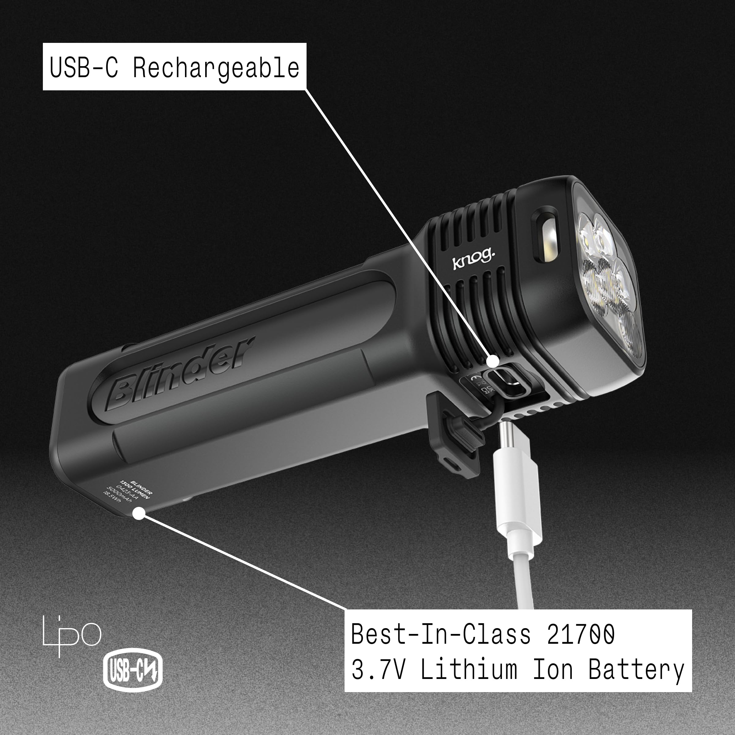 Knog Blinder 1300 Bike Light - 1300 Lumen Bicycle Light with Compact CNC Design, 6 Modes, USB-C Rechargeable, IP67 Waterproof, L