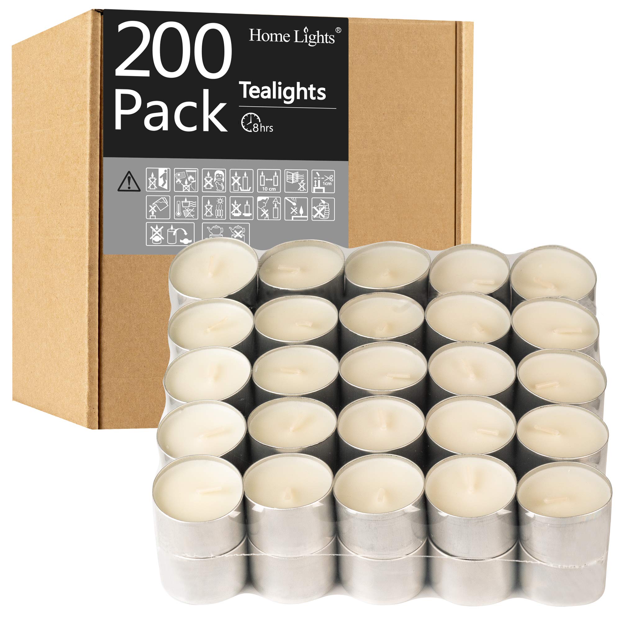 Homelights Tealight Candles - 8 Hour Long Time Burning, Giant 100,200,300 Packs -White Votive Smokeless European Tea Light Unscented Candles For Shabbat, Weddings, Christmas,Home Decorative -200 Pack