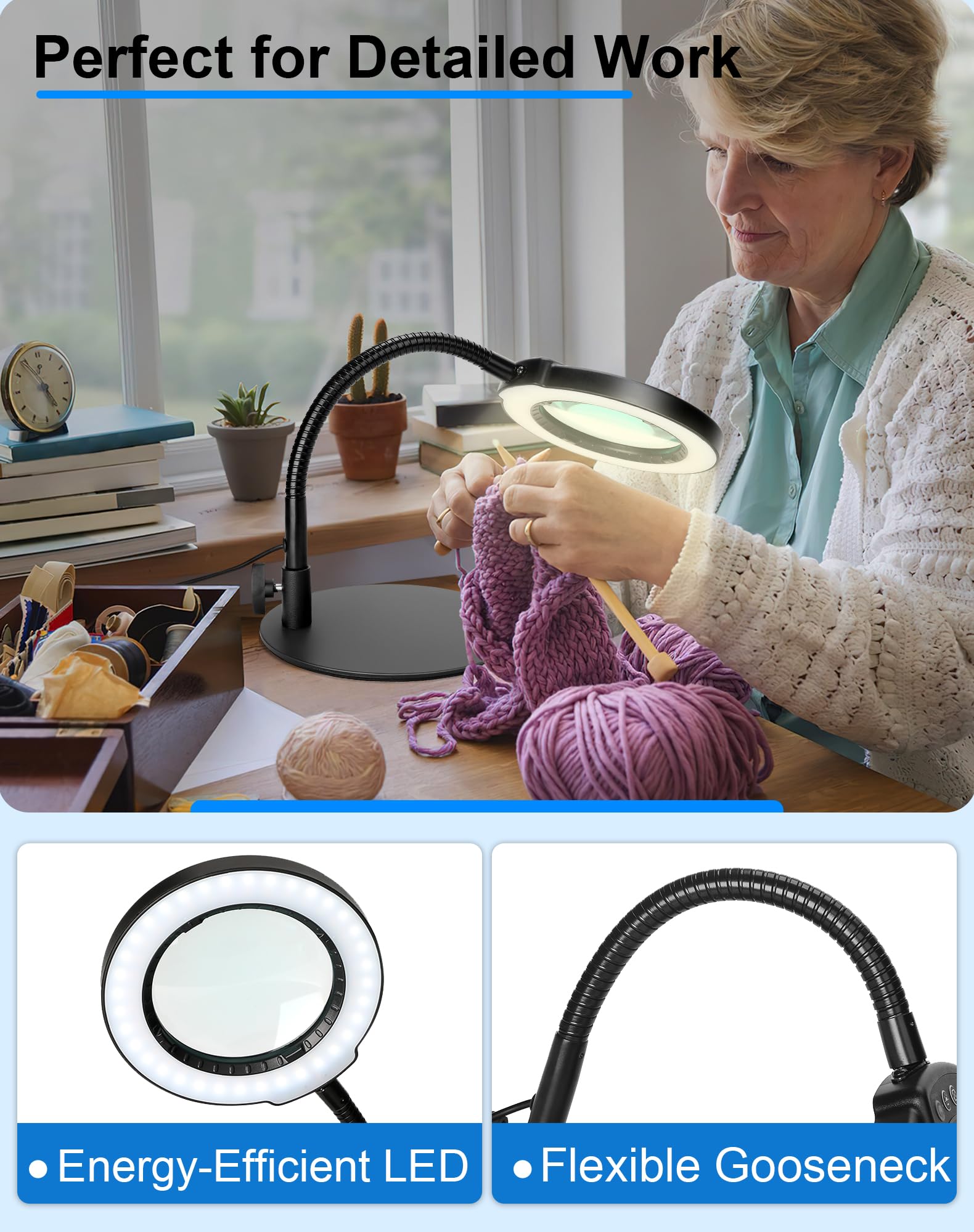 Coyeth Magnifying Glass With Light And Stand, Hands Free Magnifying Lamp, 5 Color Modes 10 Dimmable Brightness, Metal Base Desk