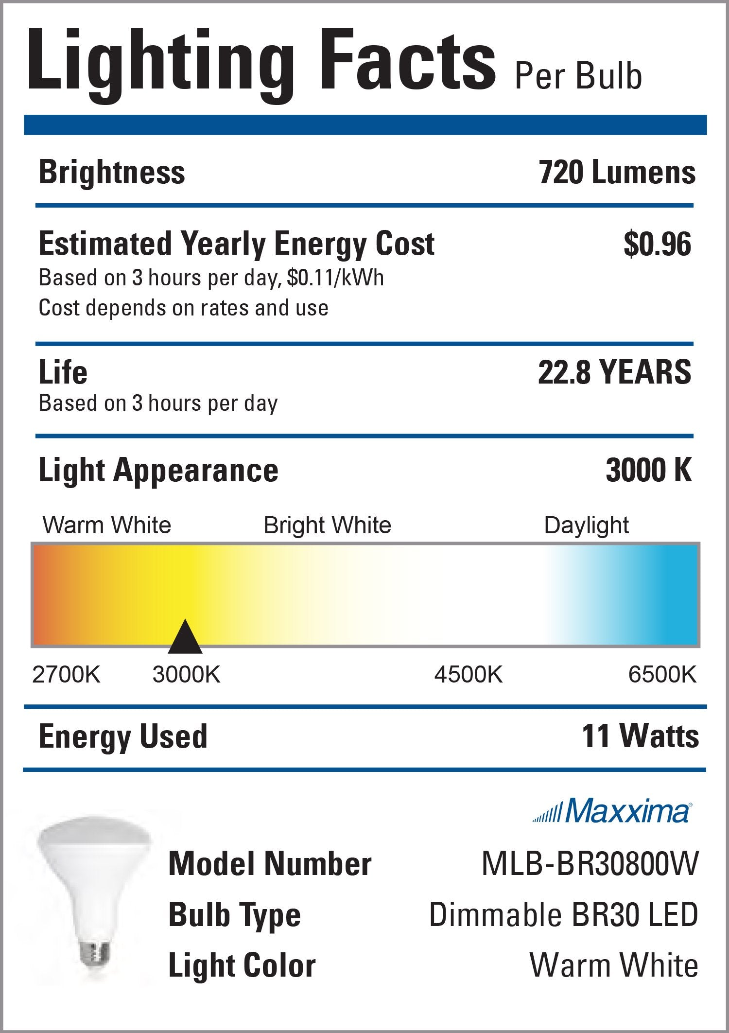 Maxxima LED BR30 Light Bulb, Dimmable 8W, 720 Lumens, Warm White, 3000K, 6 Count, Energy Star, Model MLB-BR308