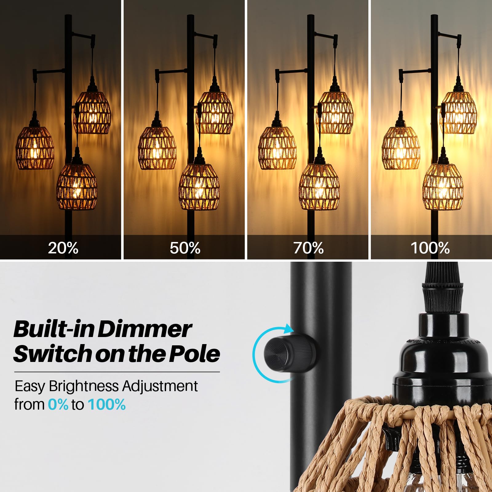Brighthome Boho Rattan Floor Lamp, Standing Lamps For Living Room,Dimmable Floor Lamp With Cage Shade, Industrial Farmhouse Floo