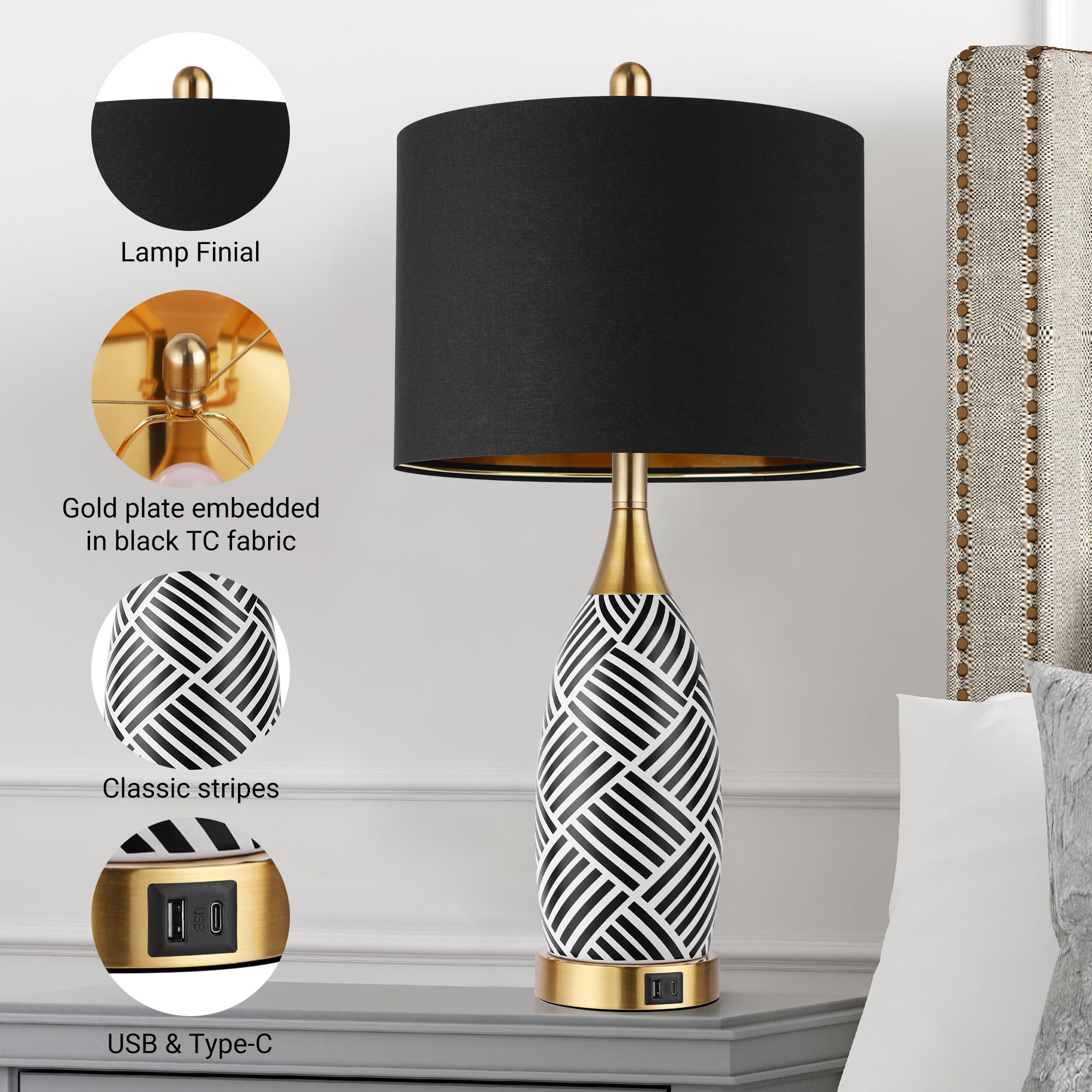 WIHTU 25.5 Black and Gold Touch Control Table Lamp, 3-Way Dimmable Ceramic with USB & Type-C Ports, Ideal for Bedroom & Office