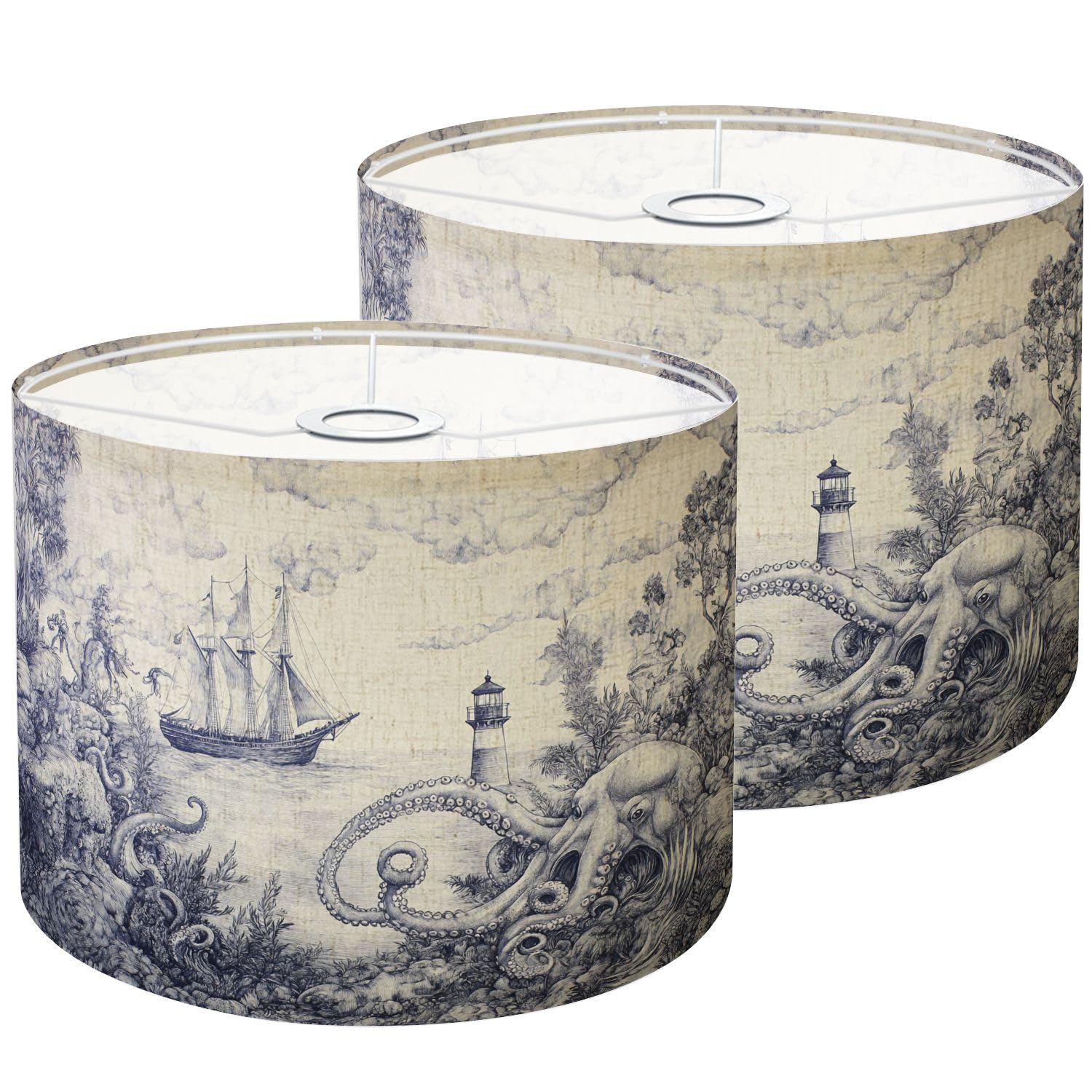 Lamp Shades Set of 2 Blue Deep Sea Toile Sailing Ship Octopus Lighthouse Clouds Ocean Waves Drum Lampshades 8.9x11x11 for Table 