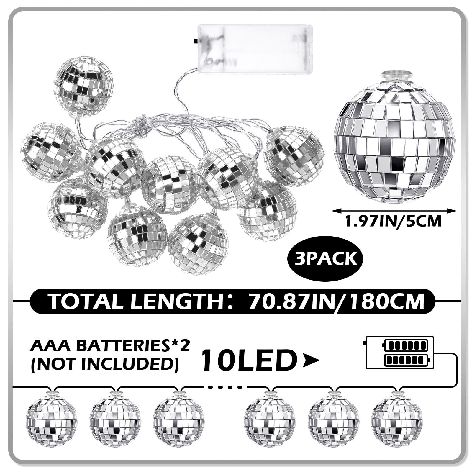 Zhanmai Disco Ball String Lights - 30 LED Mini Mirror Balls, 1.97 Inch, Silver, Model Zhanmai-Lights-48JCDR, Perfect for 70s