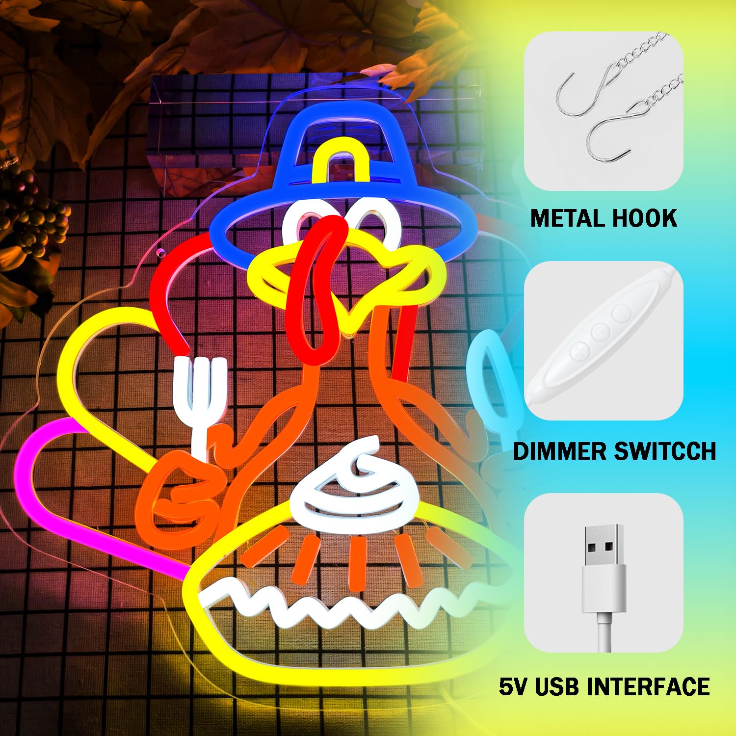 Thanksgiving Turkey Neon Sign Thanksgiving Turkey Decoration Dimmable Thanksgiving Neon Light For Autumn Room Bedroom Table Wall Decor Home Party