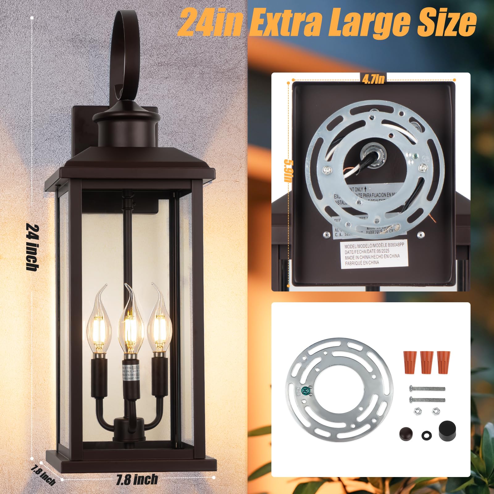 Siafavoi 24 Outdoor Lighting Fixture- Bronze 3-Light Exterior Lighting Fixture Waterproof Modern Porch Sconce  Outside Lantern For House Garage Patio E12 Base