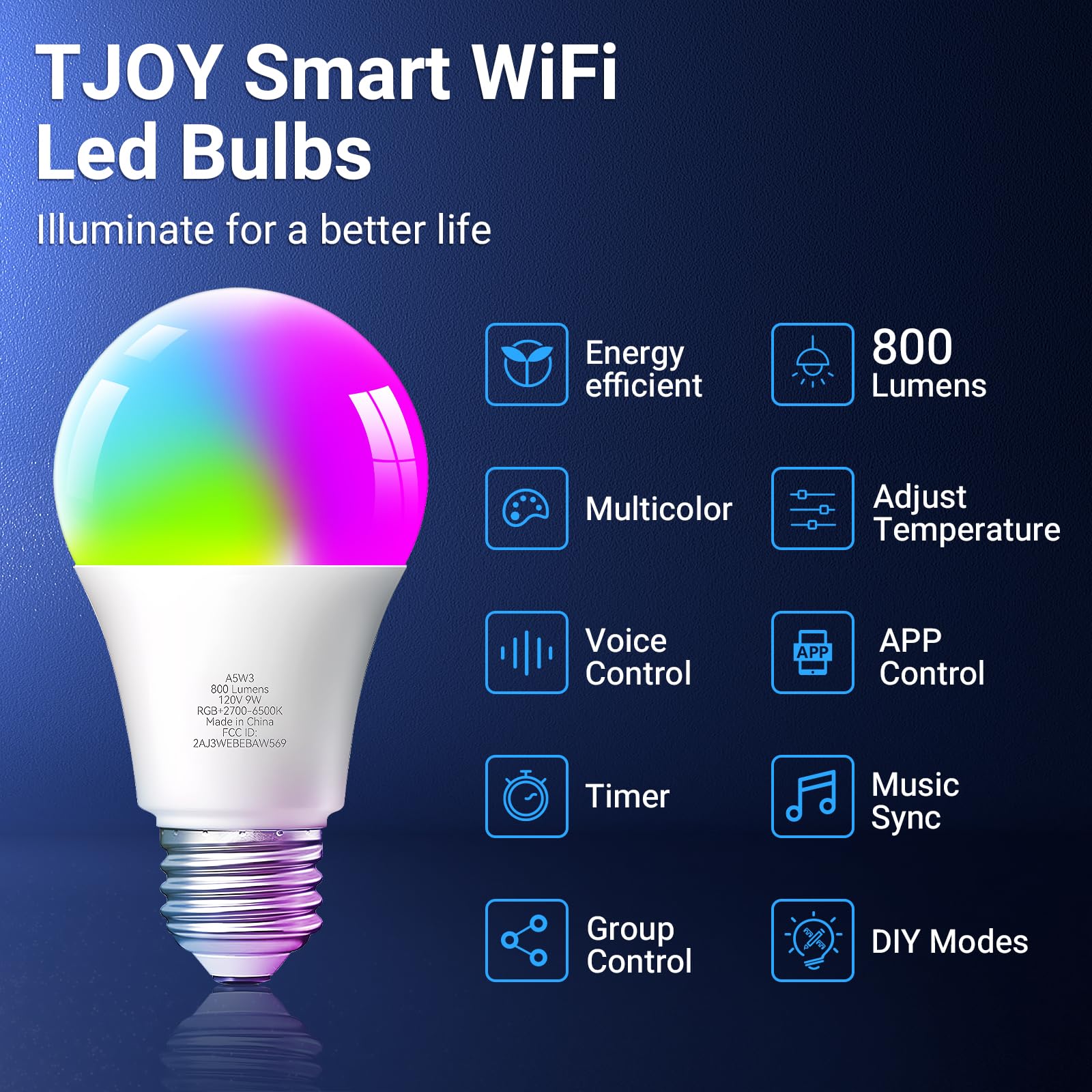 Tjoy 4 Pack Smart Light Bulbs, Bluetooth Wifi Led Bulb Work With Alexa &Google Assistant, Rgb Color Changing Alexa Bulbs, Music