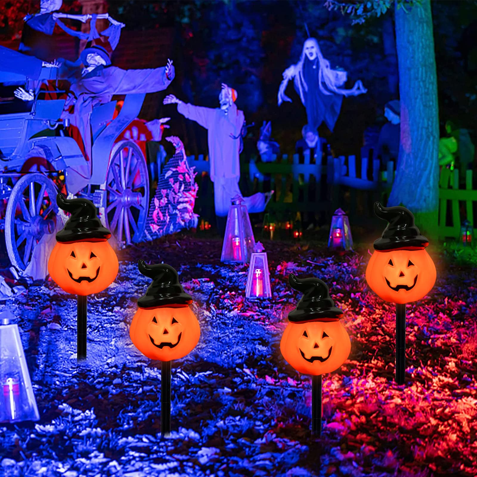 Halloween Pumpkin Pathway String Lights 4 Jack-O-Lantern Stakes Lights With C7 Bulbs  7Ft Extendable Wizard Hat Pumpkin Markers Lights For Outdoor Halloween Lawn Pathway Walkway Driveway Lighting