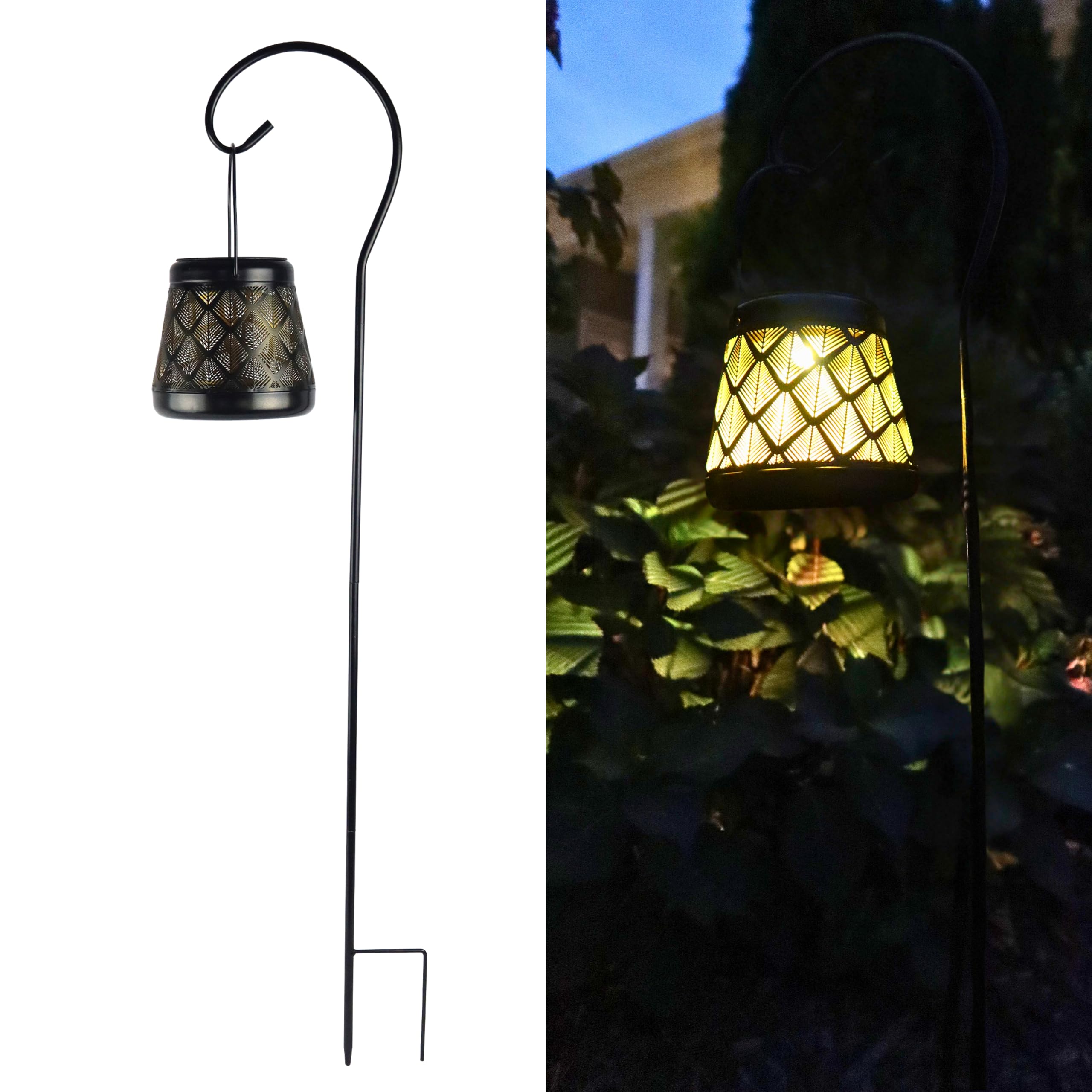 MooneLit Creations MCSSLNT Solar LED Stake Lantern with Shepherd Hook, Waterproof Solar-Powered Lighting, Decor for Gardens, Pat