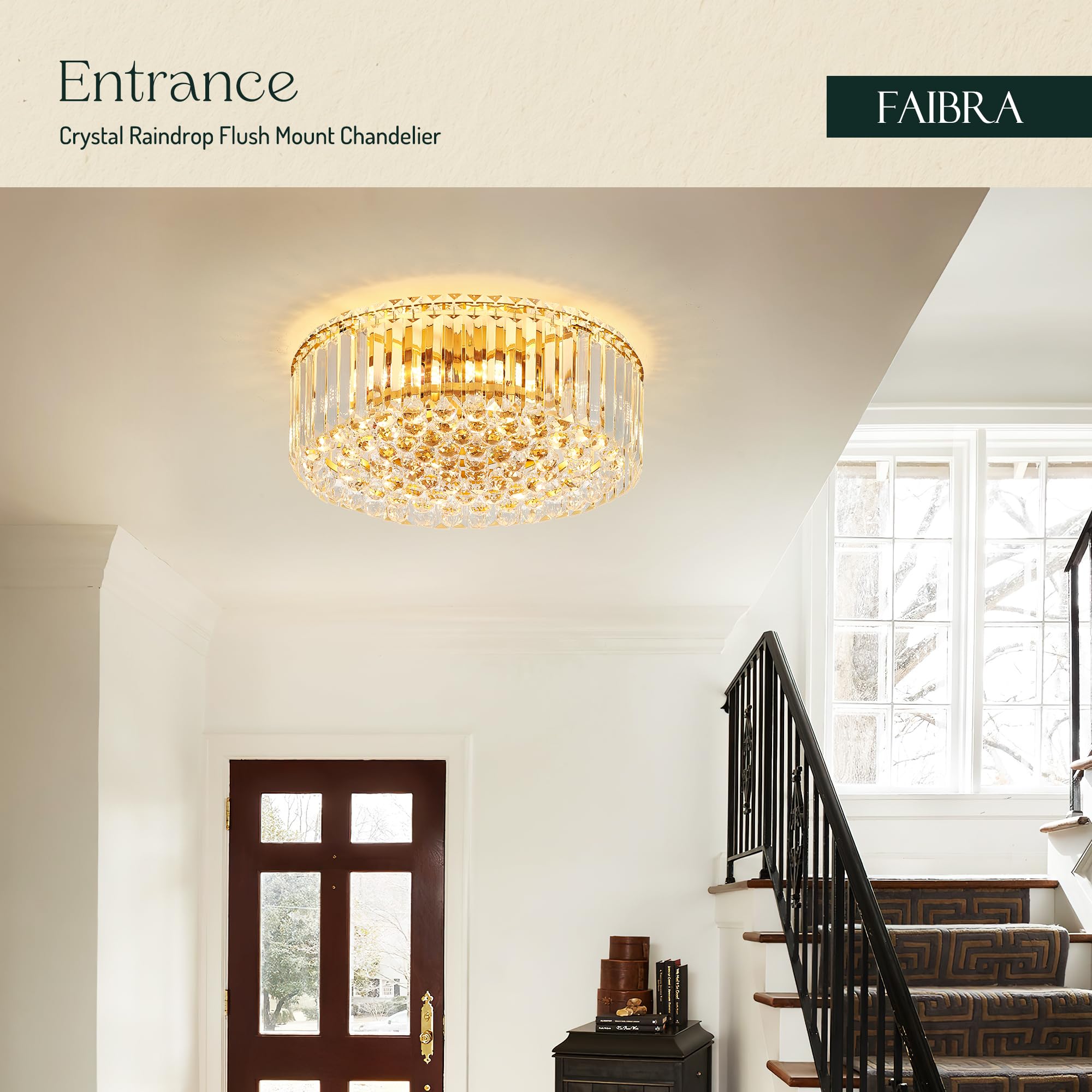 Faibra 17.3'' Gold K9 Crystal Raindrop Flush Mount Ceiling Light, Modern Chandelier, Round Luxury Light Fixture For Dining Room,