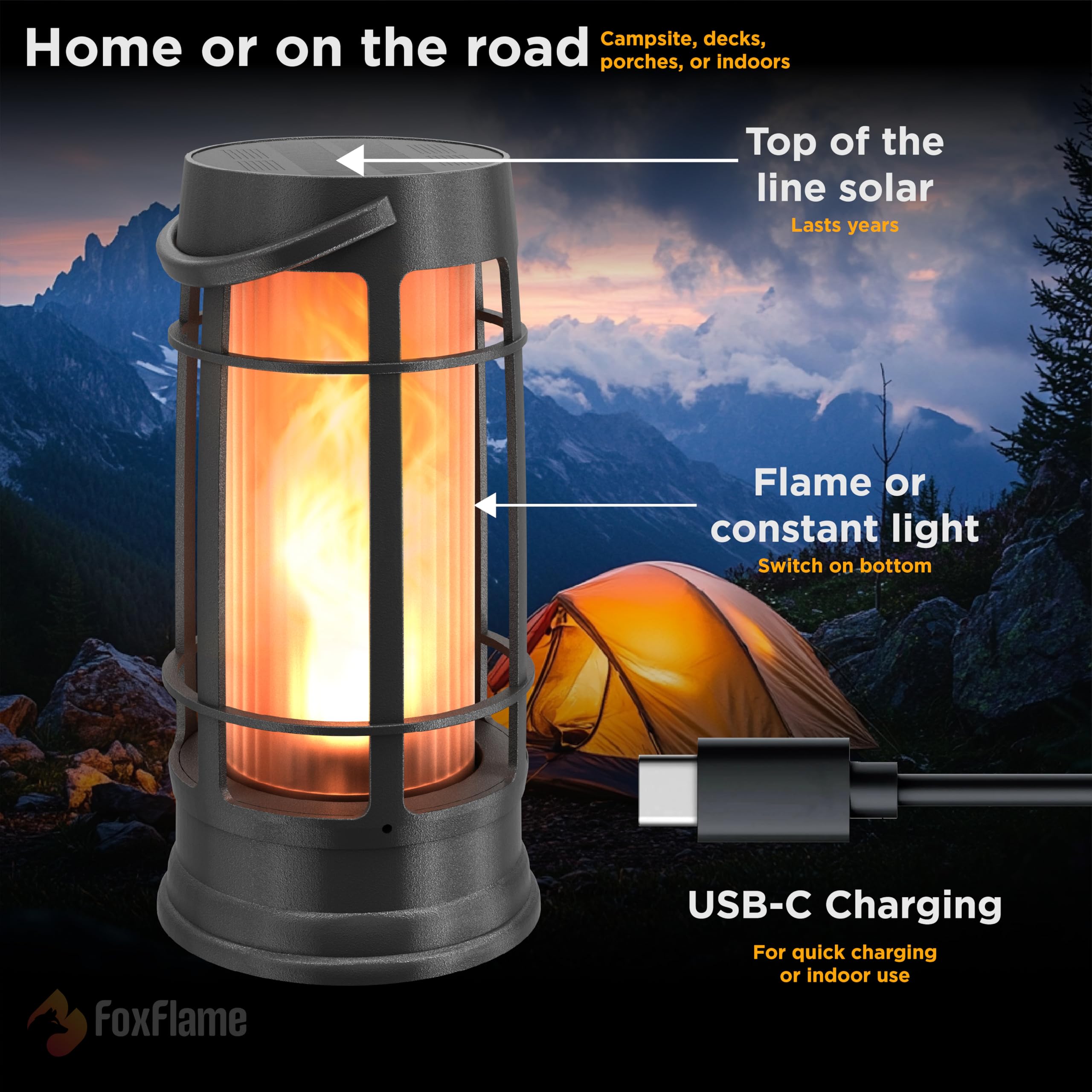 FOXFLAME Metal Outdoor Solar Lantern, Waterproof Flickering LED, Matte Black, 1 Pack, Model FFMDL1