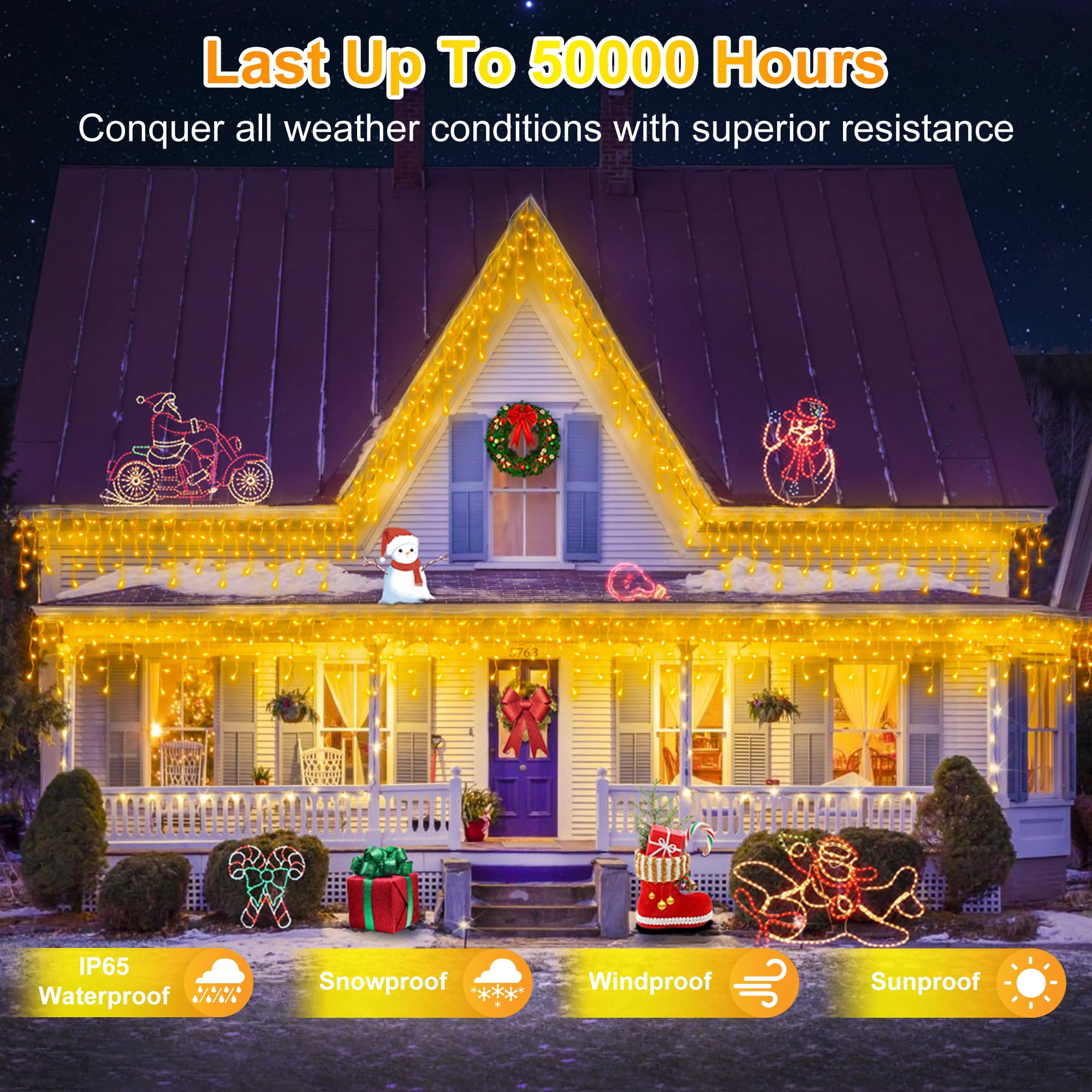 QUHUATU LED Christmas String Lights, 1296 Lights with 288 Drops, 131ft, 8 Modes, Waterproof, Warm White, Model WX-1296L
