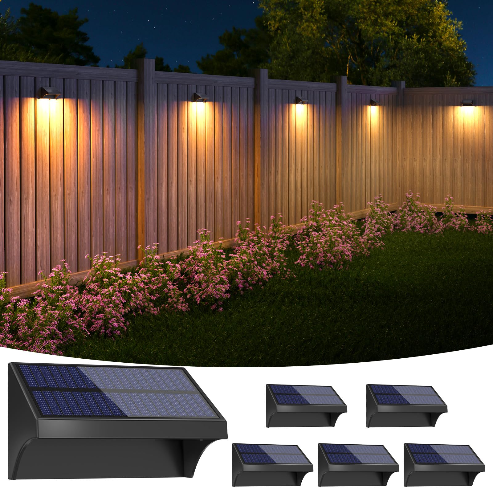 NIORSUN Outdoor Fence Lights, 6 Pack Waterproof LED Solar Fence Lights with 1500mAh Battery, Warm White/Cool White/RGB, Easy-to-