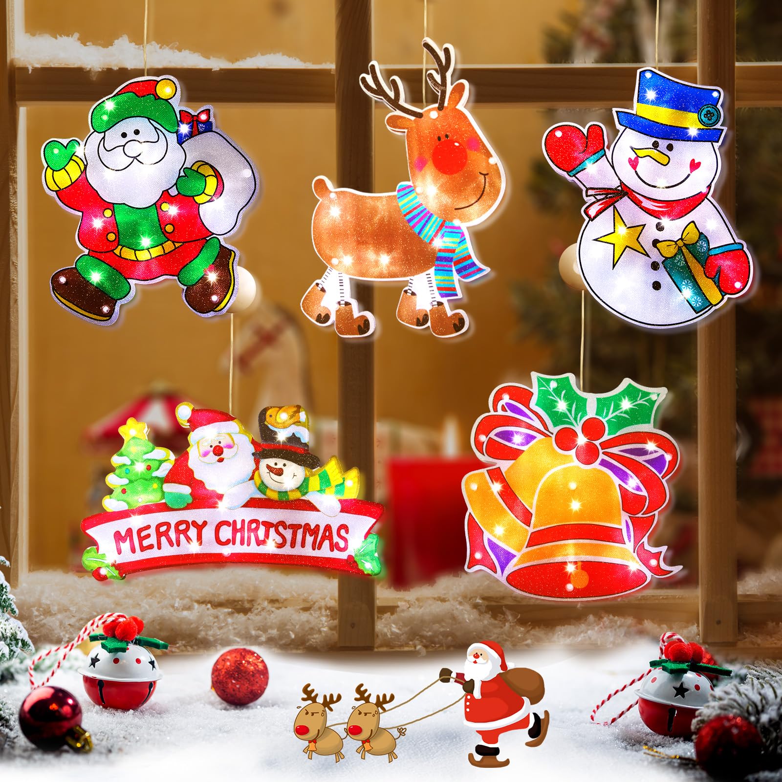 Christmas Window Lights Decorations, 5 pcs LED Lighted Christmas Hanging Lights Santa Claus Xmas Tree Bell Snowman Shaped Batter