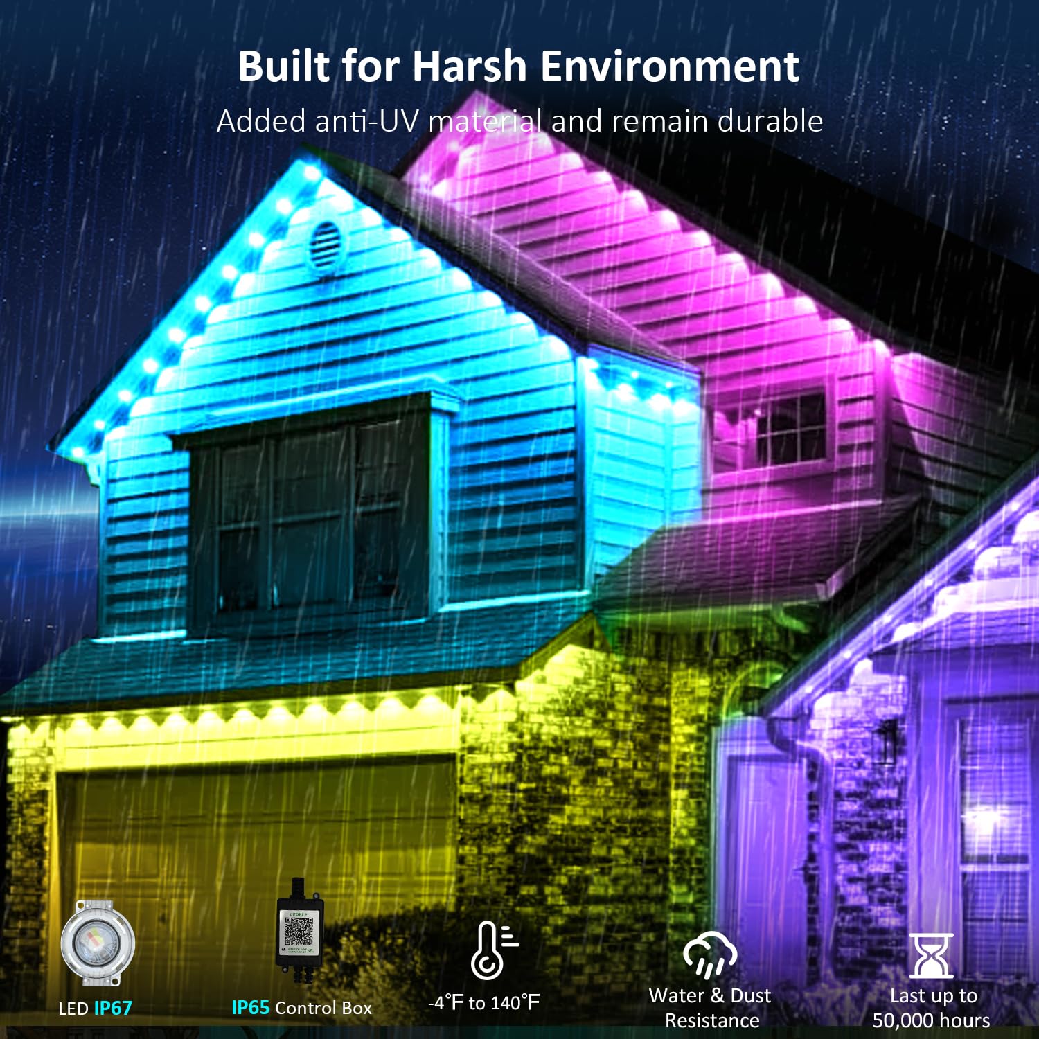 Ivrich 100Ft Permanent Outdoor Lights  Smart Rgb Eave Light With Color Changing  App/Remote Control  Ip67 Waterproof  Music Sync  Timer Function  For Halloween  Christmas  Party  Holiday Decor