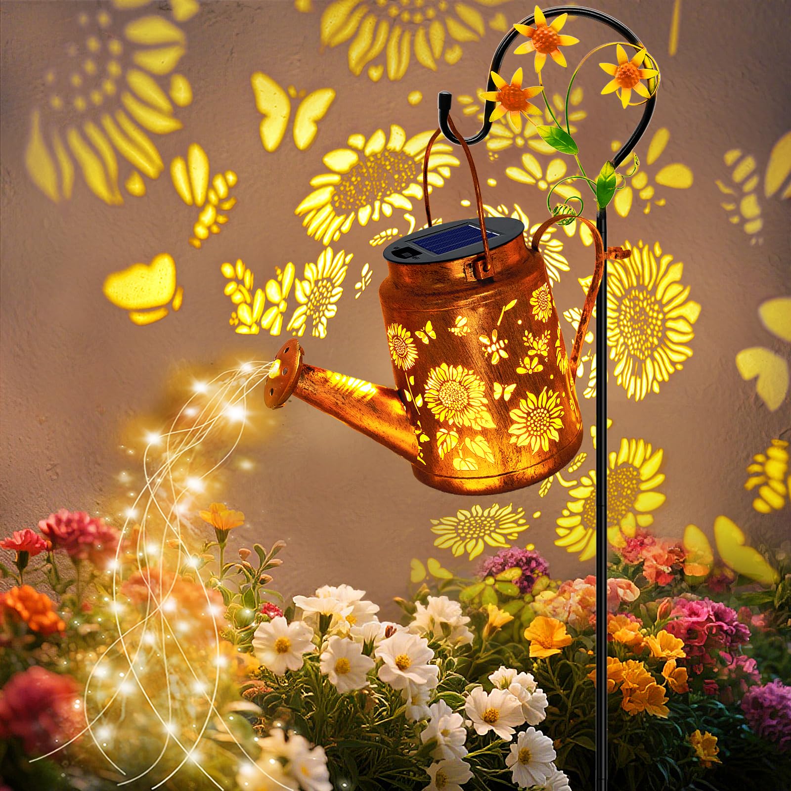 VOOKRY Solar Lights Outdoor Waterproof  Sunflower Metal Solar Watering Can Lights  Birthday Gifts for Women Mom Grandma  Hanging Lantern Decorative Garden Decor Yard Light for Outside Patio Lawn Porch