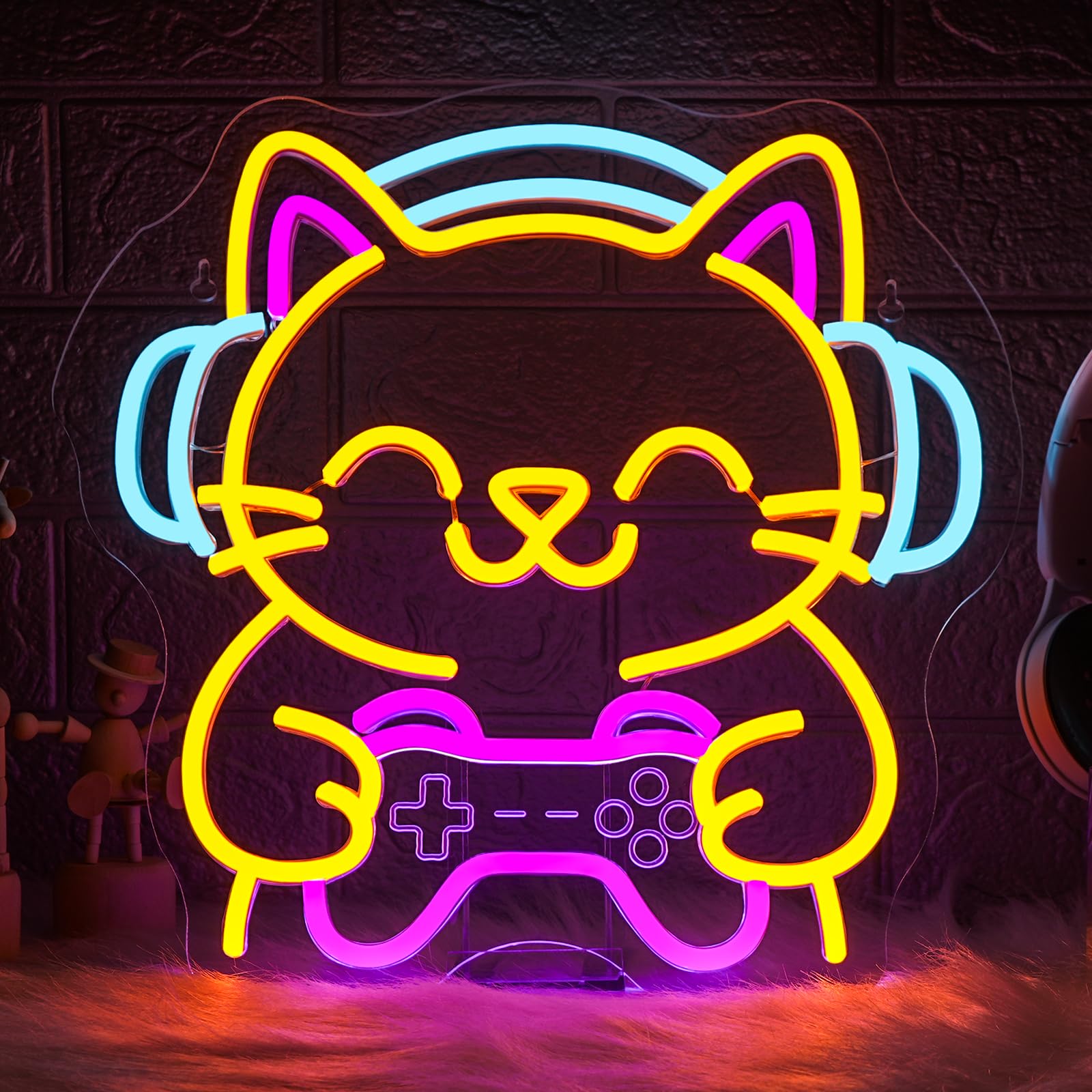 Ineonlife Game Cat Neon Sign For Wall Decor Light Up Cute Animal Led Signs For Game Room Acrylic Art Decor For Home Bar Bedroom