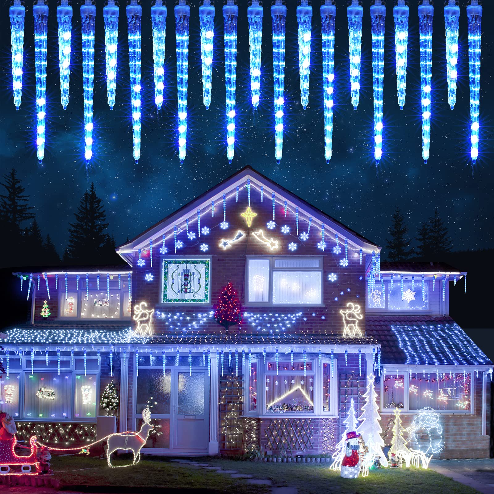 Joomer Icicle Christmas Lights - 20 Icicles, 320 LED, Waterproof, Timer, Blue, Model GP-SW050DC1200T-IP44, 13FT