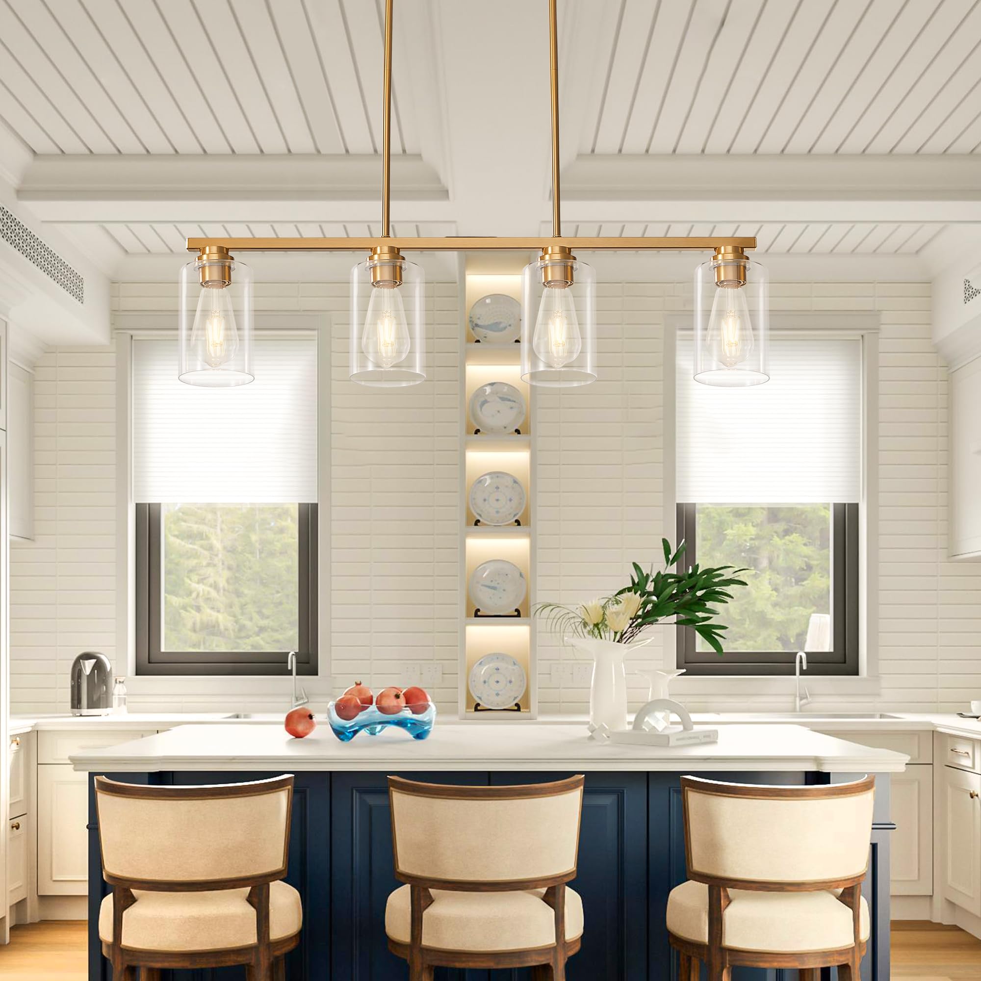 Mecgirn 4-Light Linear Chandelier Pendant - Brushed Gold Metal Light Fixture for Kitchen Island & Dining Room, Model D0017-4-G