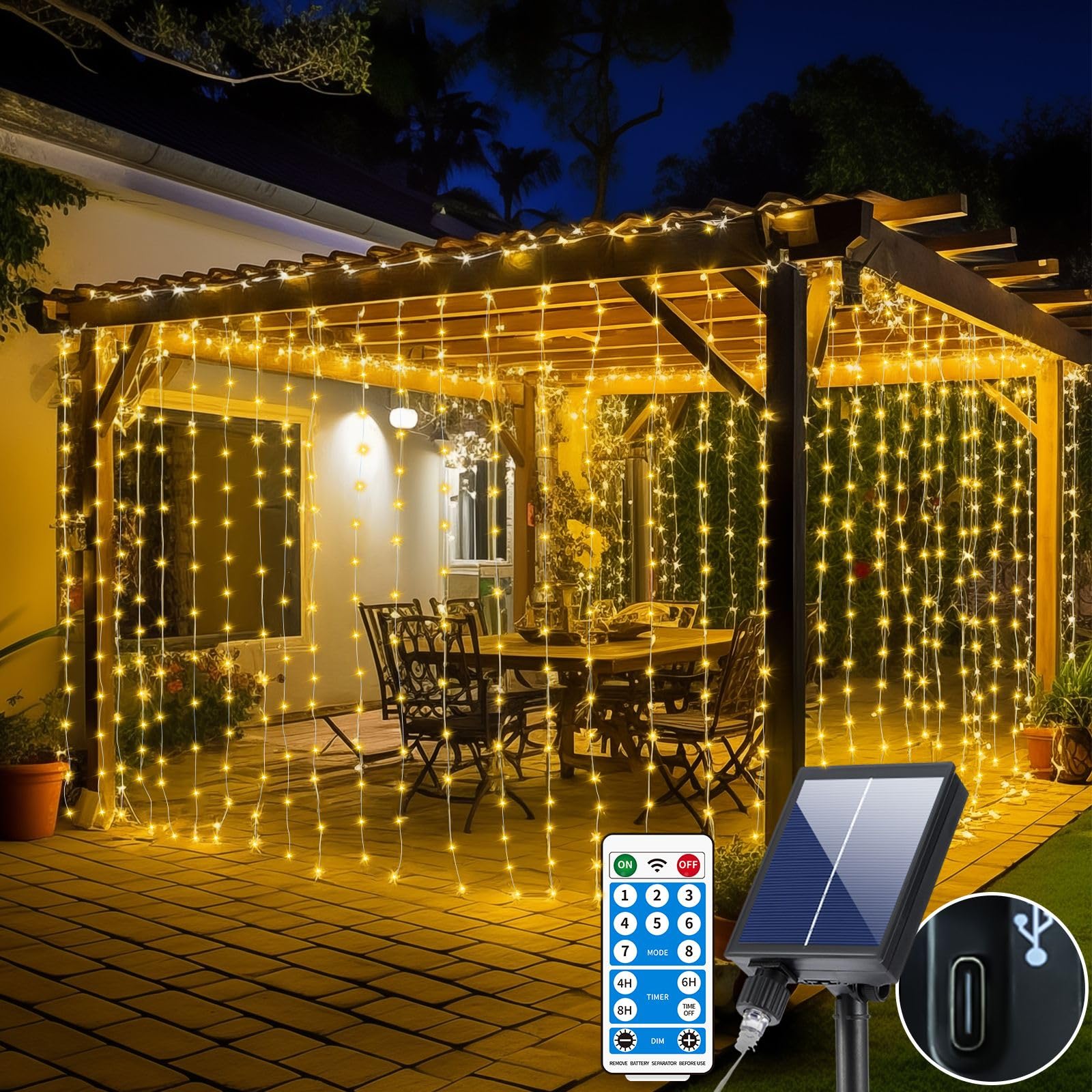 RCNDJE 300LED Solar Curtain Lights, 10Ft x 10Ft, Warm White, Waterproof, Remote Control, 8 Modes, Copper Material